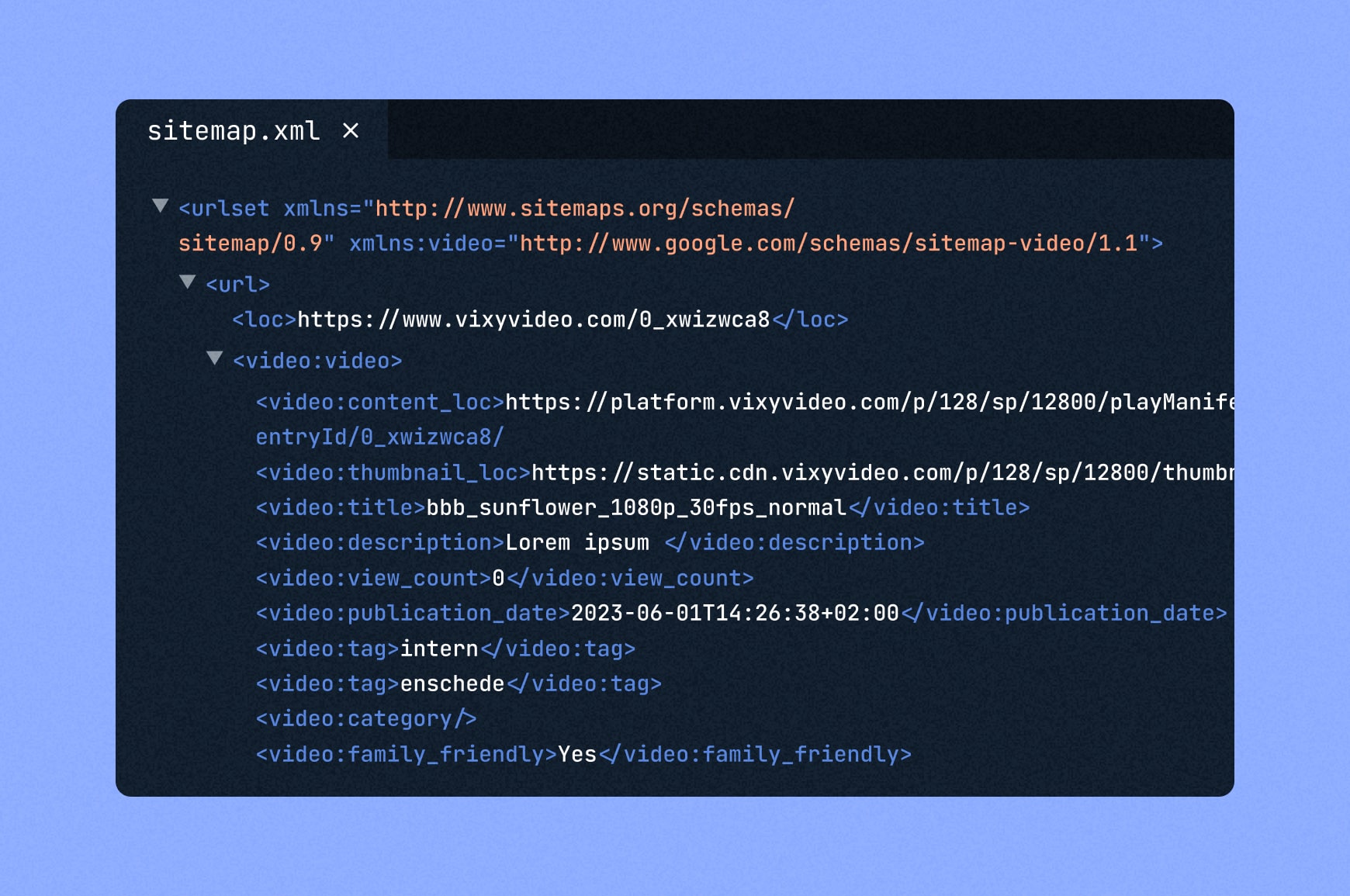 XML sitemap inside of a code editor highlighting sitemap protocol