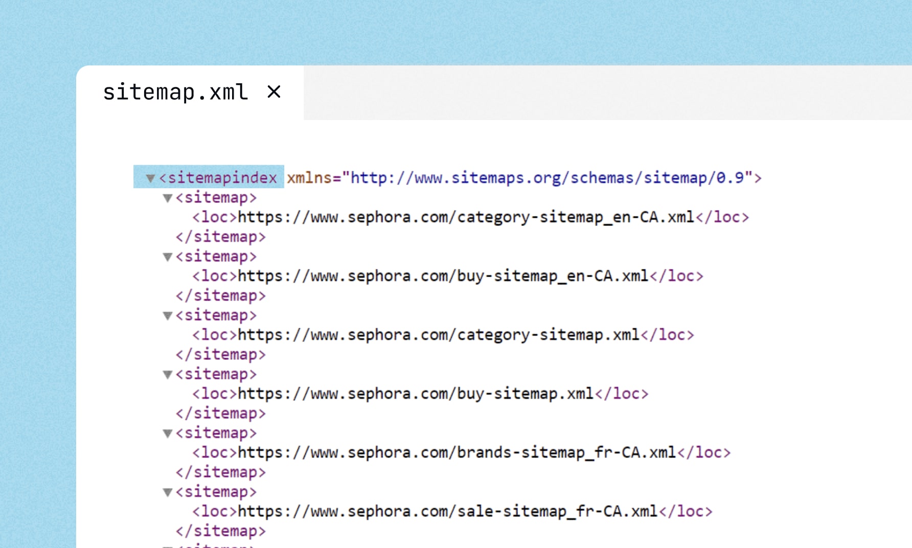 XML sitemap index file for Sephora showing some of the various sitemaps they have