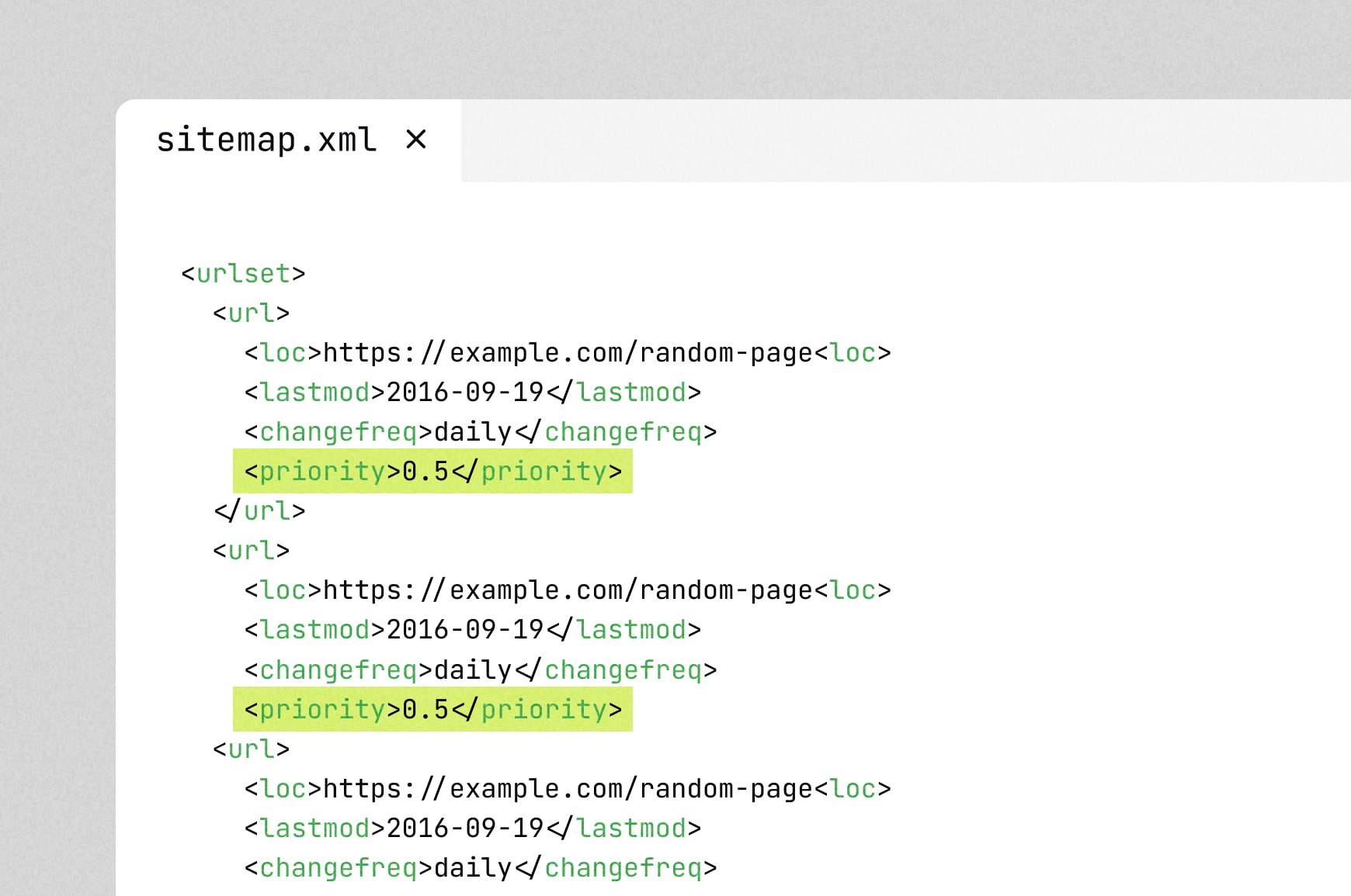 XML sitemap file with priority tags highlighted