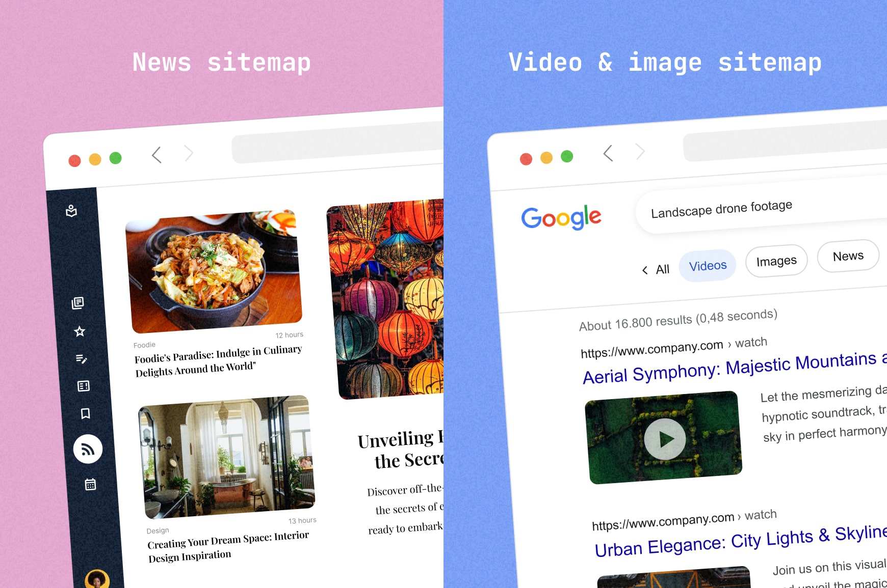 Side by side visual comparison of an XML news sitemap and an XML video & image sitemap in a browser window