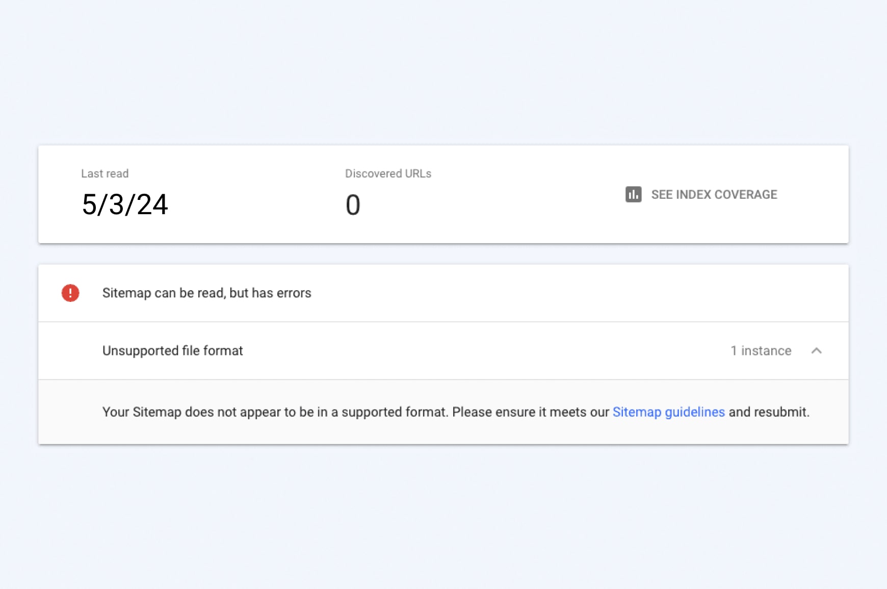 Google Search Console sitemap report showing the unsupported file format error
