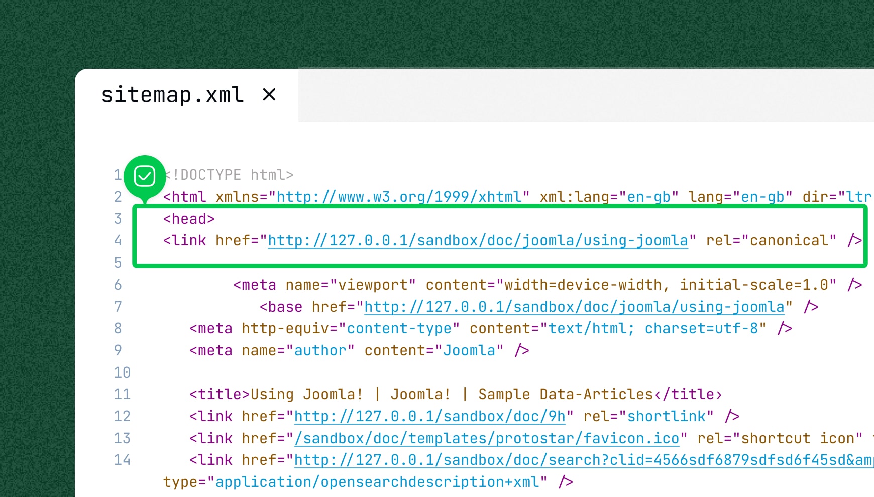 XML sitemap file with a green box around a canonical link