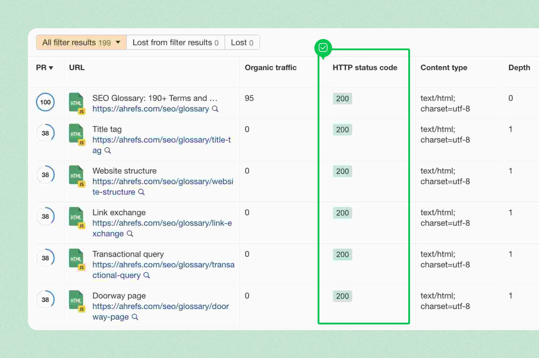 Sitemap report with HTTP status codes highlighted