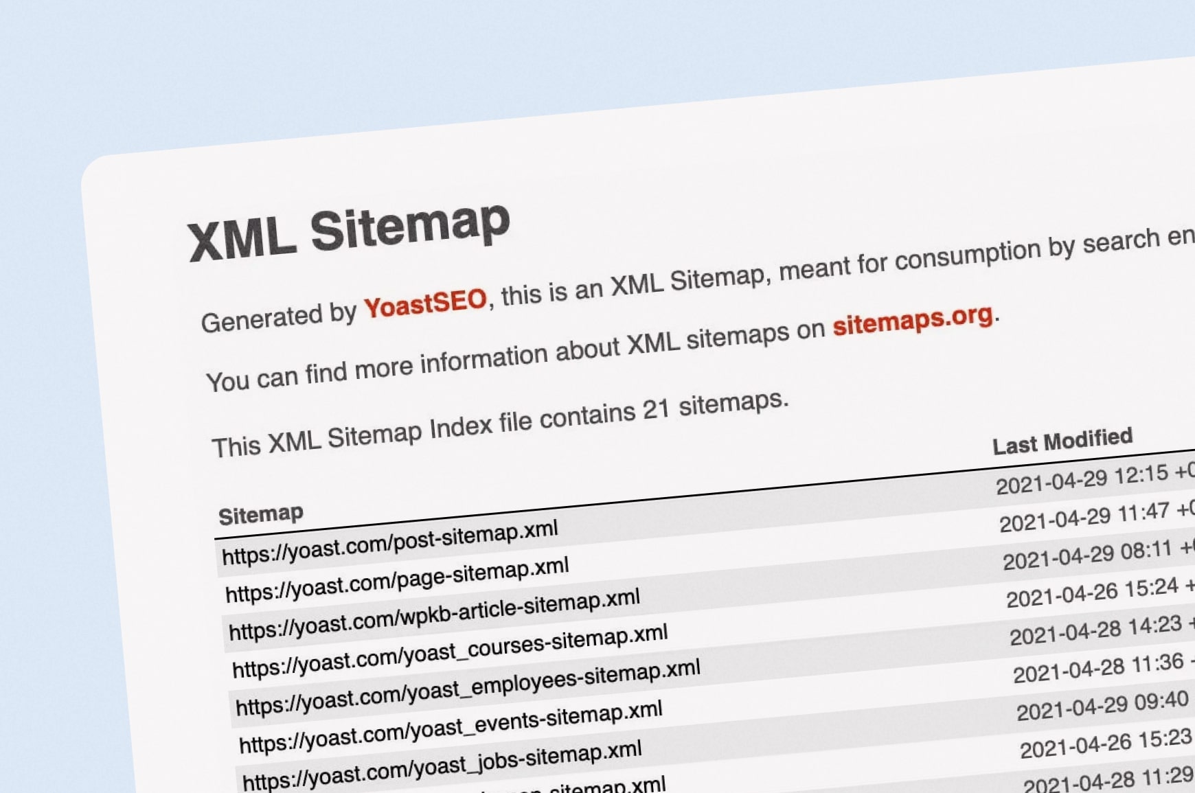Visual rendering of an XML sitemap from Yoast SEO