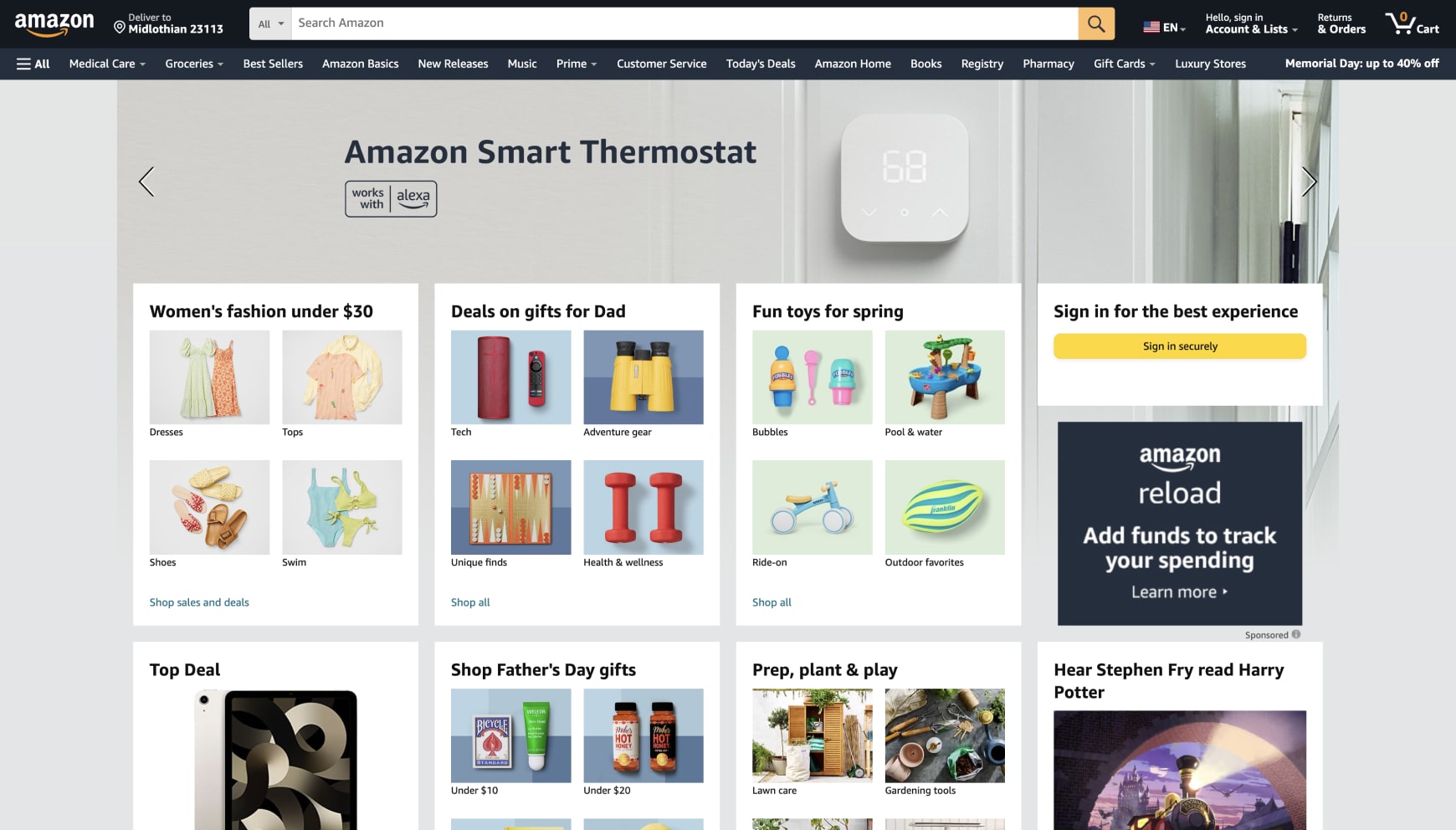 The homepage of Amazon, a site with a large sitemap for its various product categories