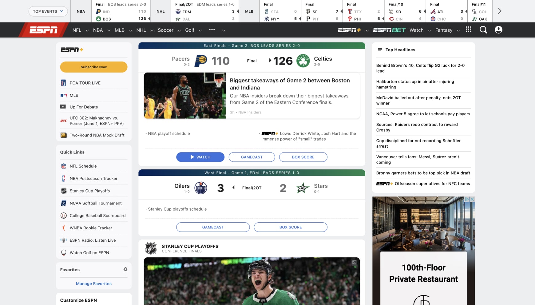 The homepage of ESPN, a site with a large sitemap to cover each sport