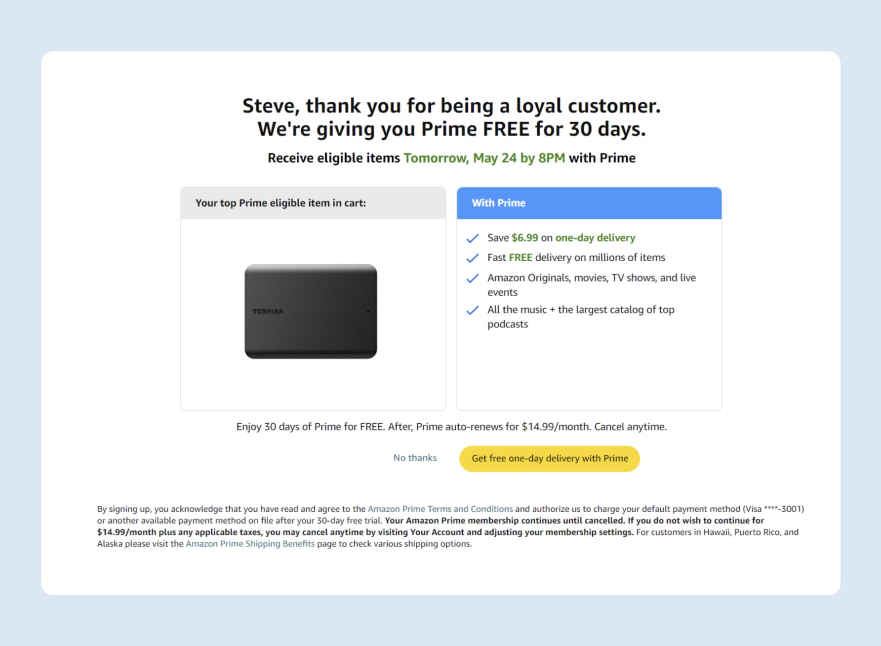 Amazon checkout process upsell offer to sign up for Prime