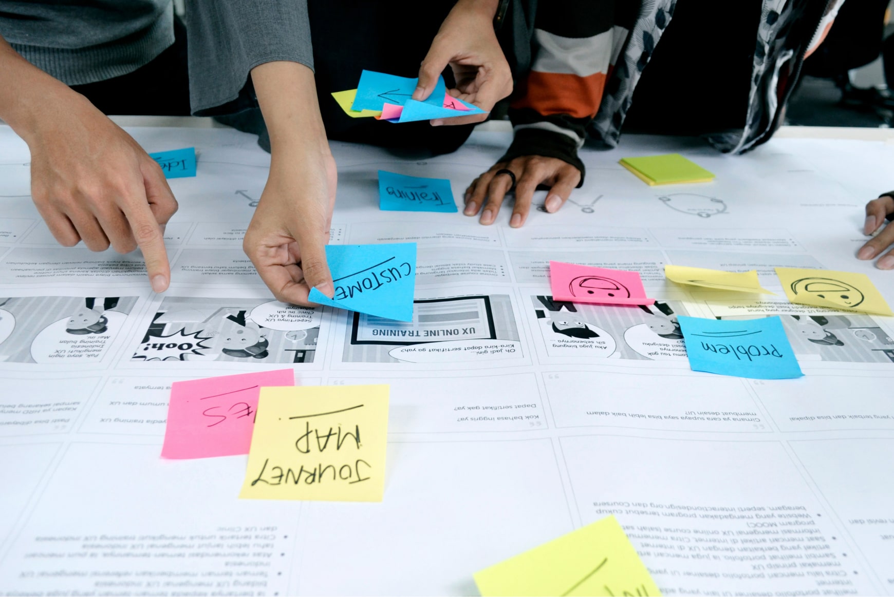 A team analyzes a printed customer journey map, adding sticky notes at customer interaction points that need optimization.