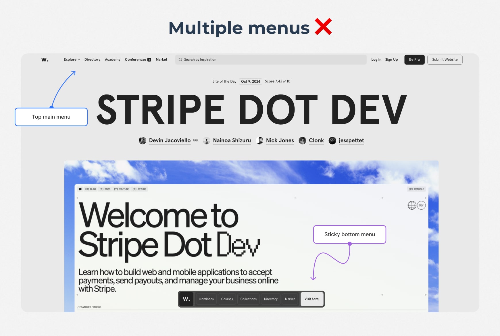 Two different menus make for confusing, overcomplicated navigation on the Awwwards website