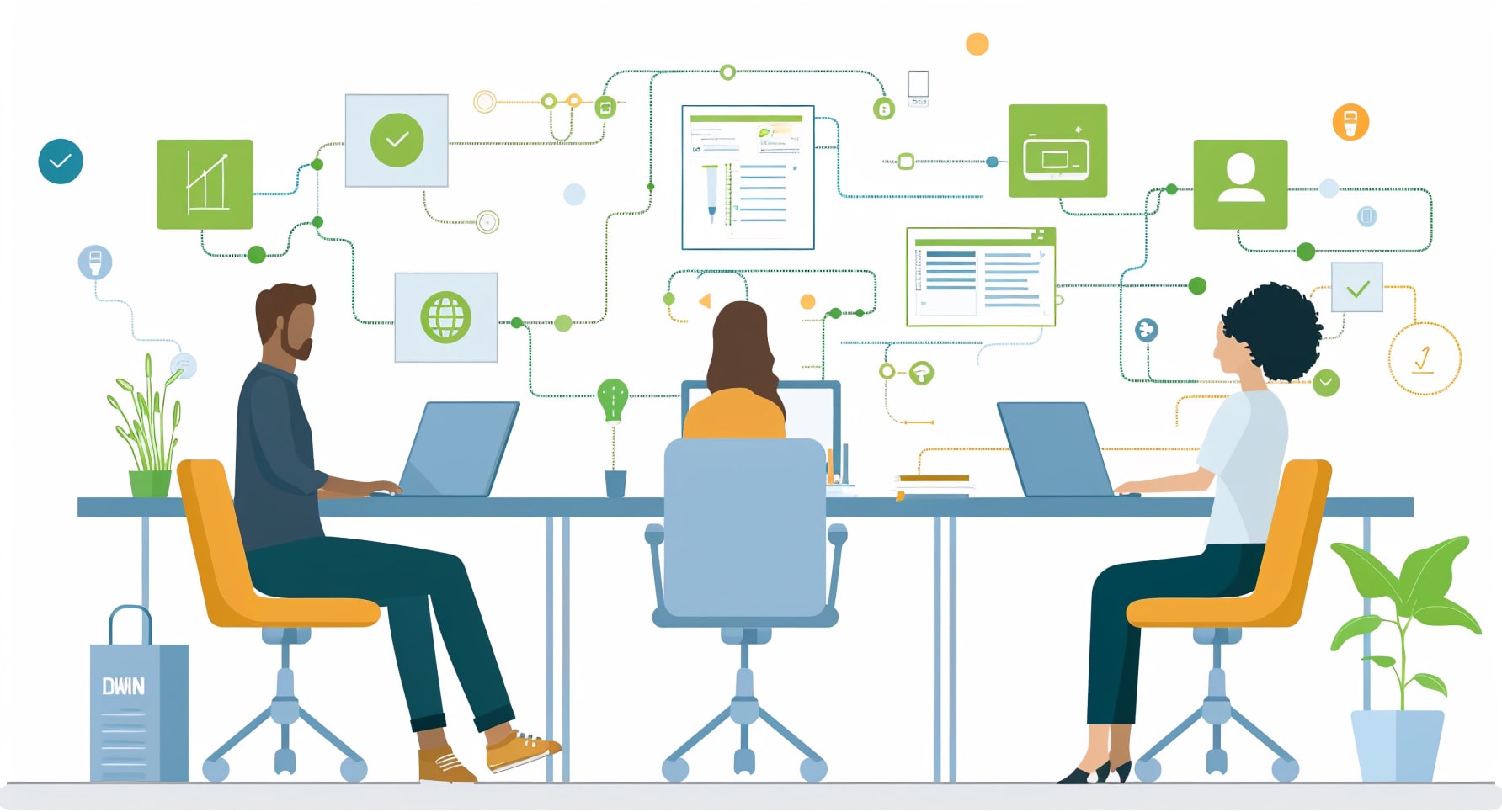 Illustration of three people sitting at a communal table with laptops and a user flow floating in the background