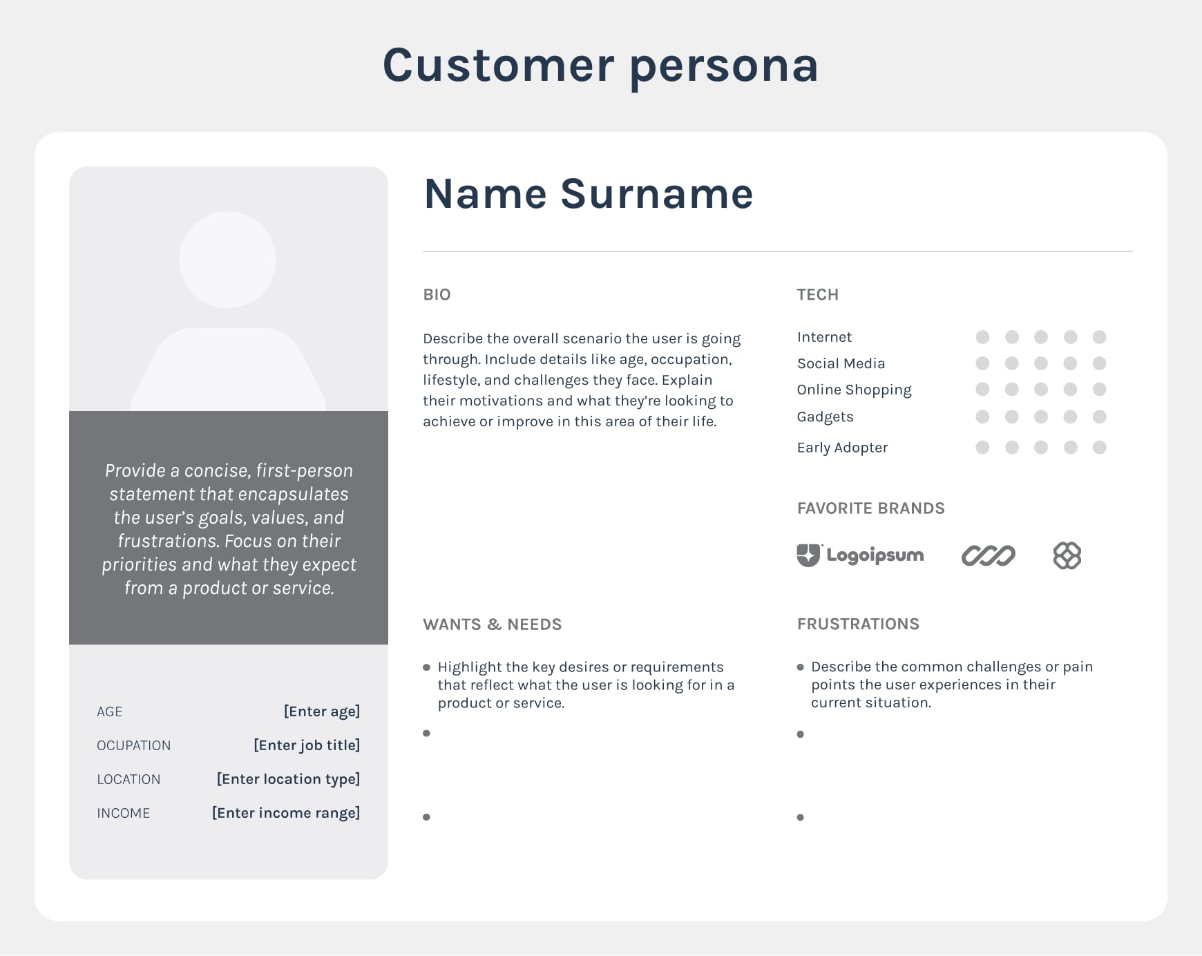 Customer persona template to cater a customer journey map around.
