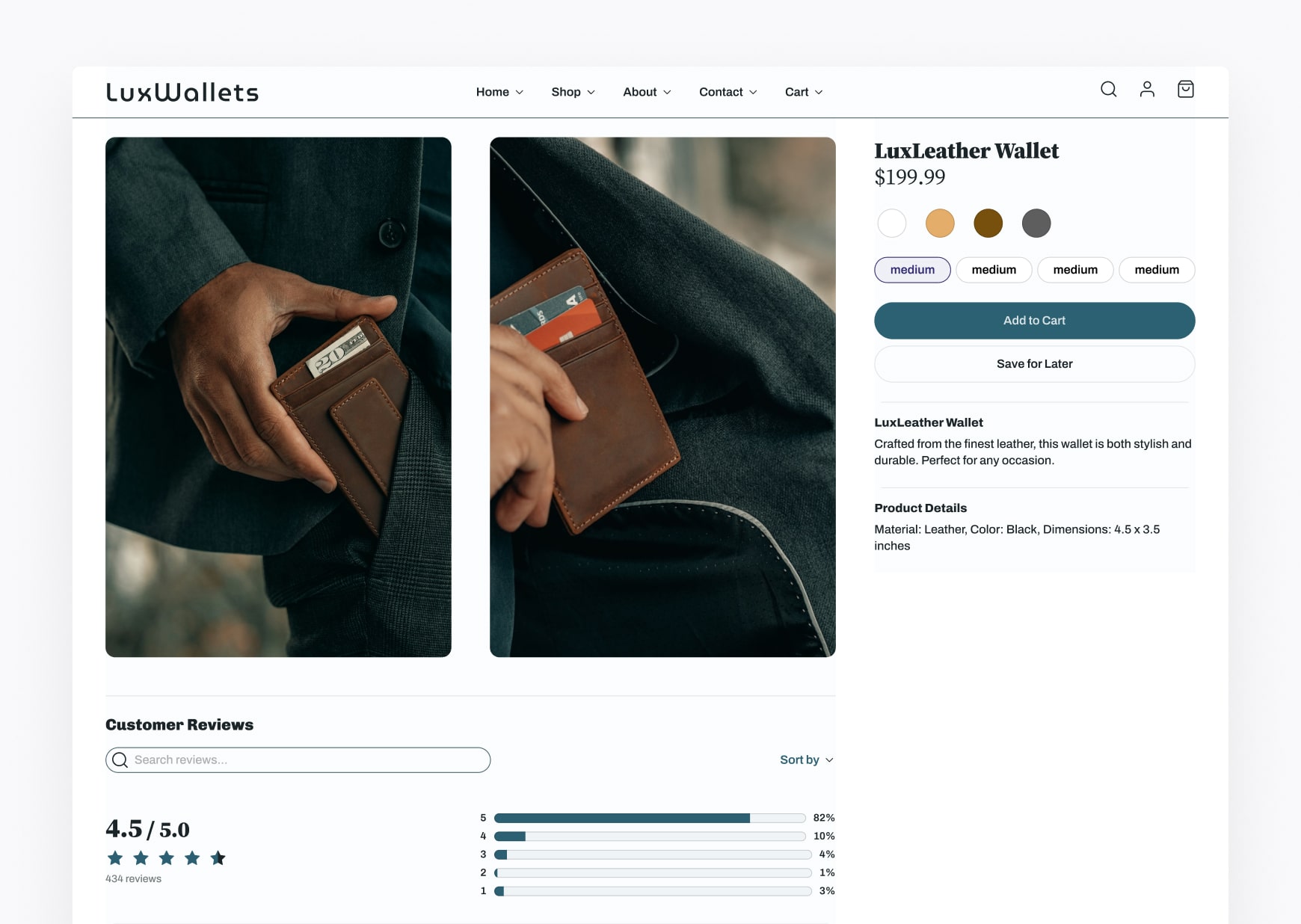 An e-commerce website displaying a minimalist leather wallet with pricing and customization options, optimized for product sales.