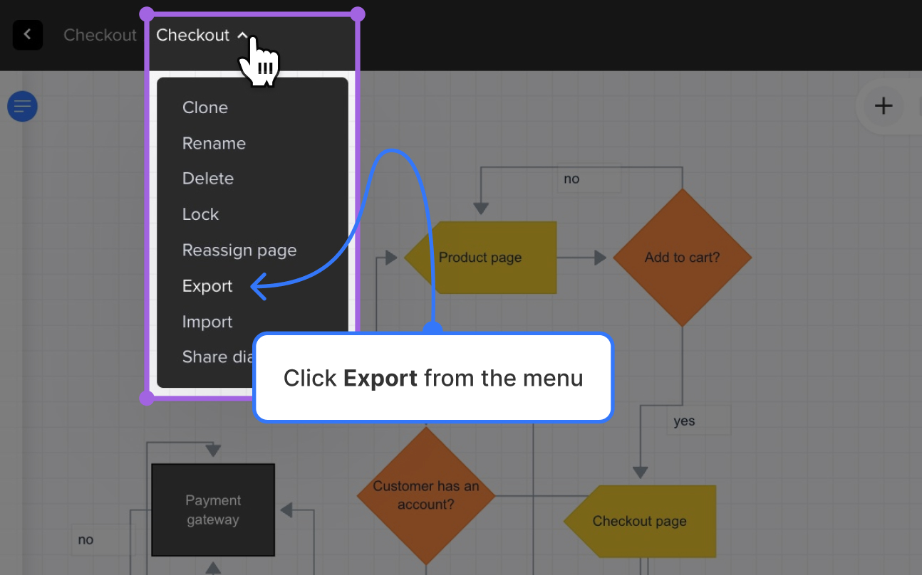 In website project mode, the menu for exporting a flowchart is in the top left corner of the screen