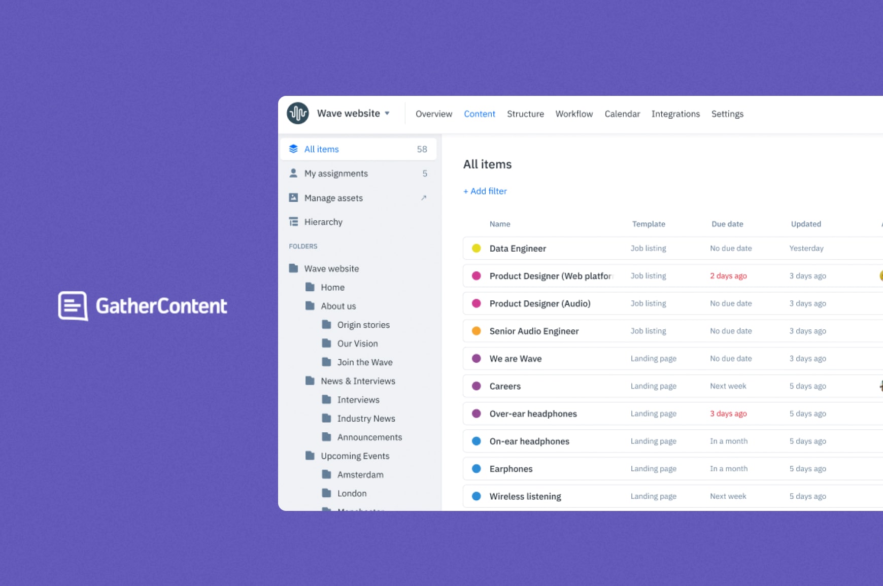 GatherContent user interface