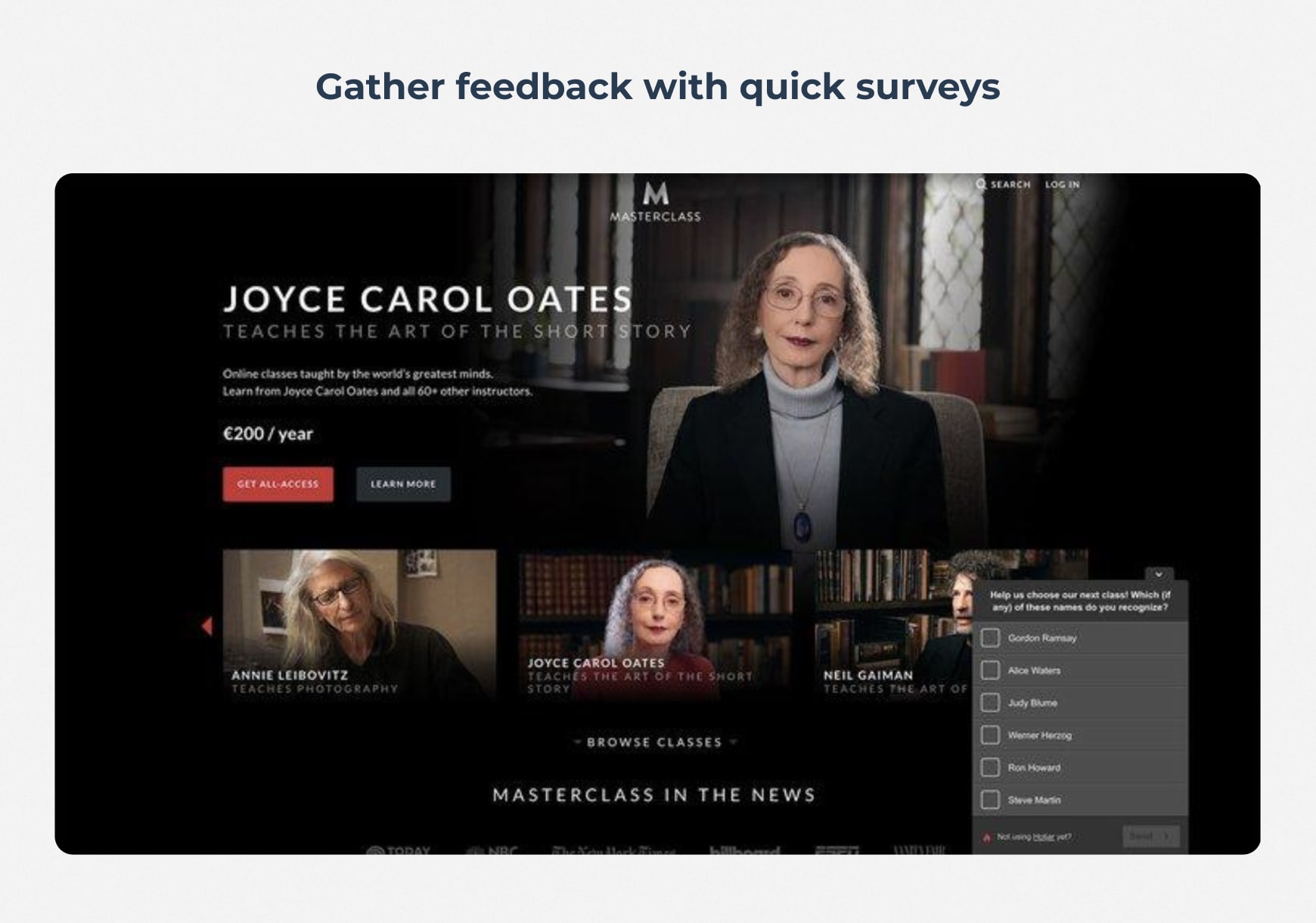 A Hotjar survey to gather user feedback on the Joyce Carol Oates Masterclass page