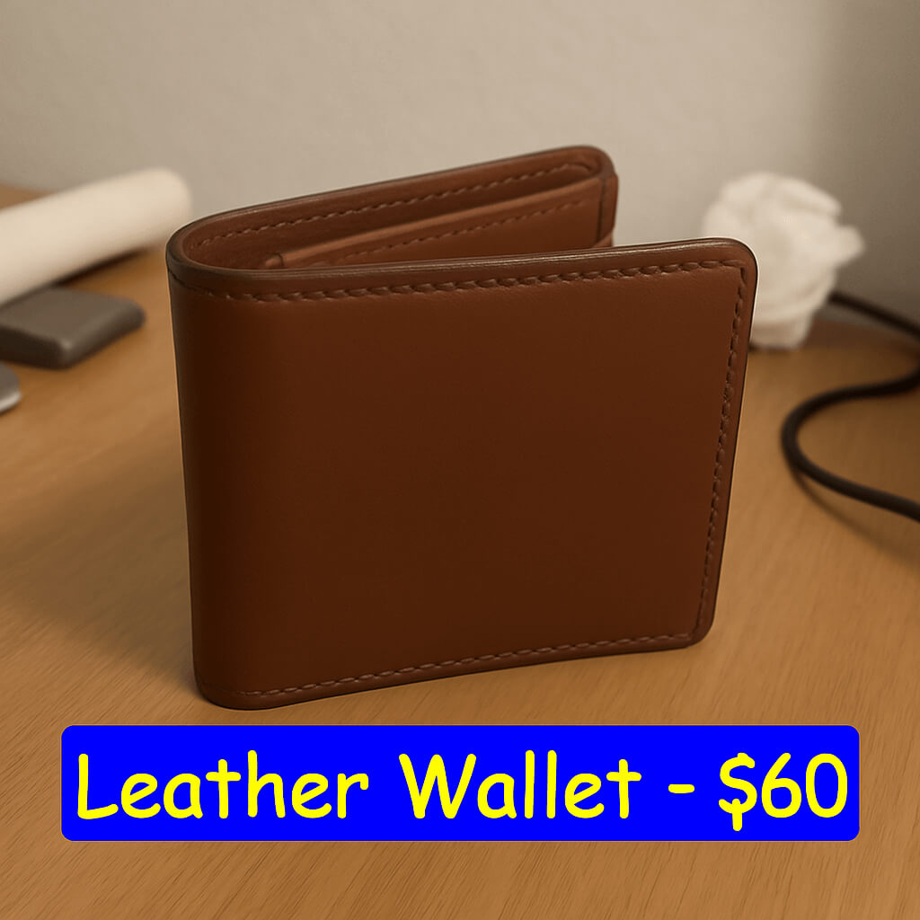 A grainy, low-quality photo of a brown leather wallet placed on a cluttered table with poor lighting, resembling an old cellphone snapshot.