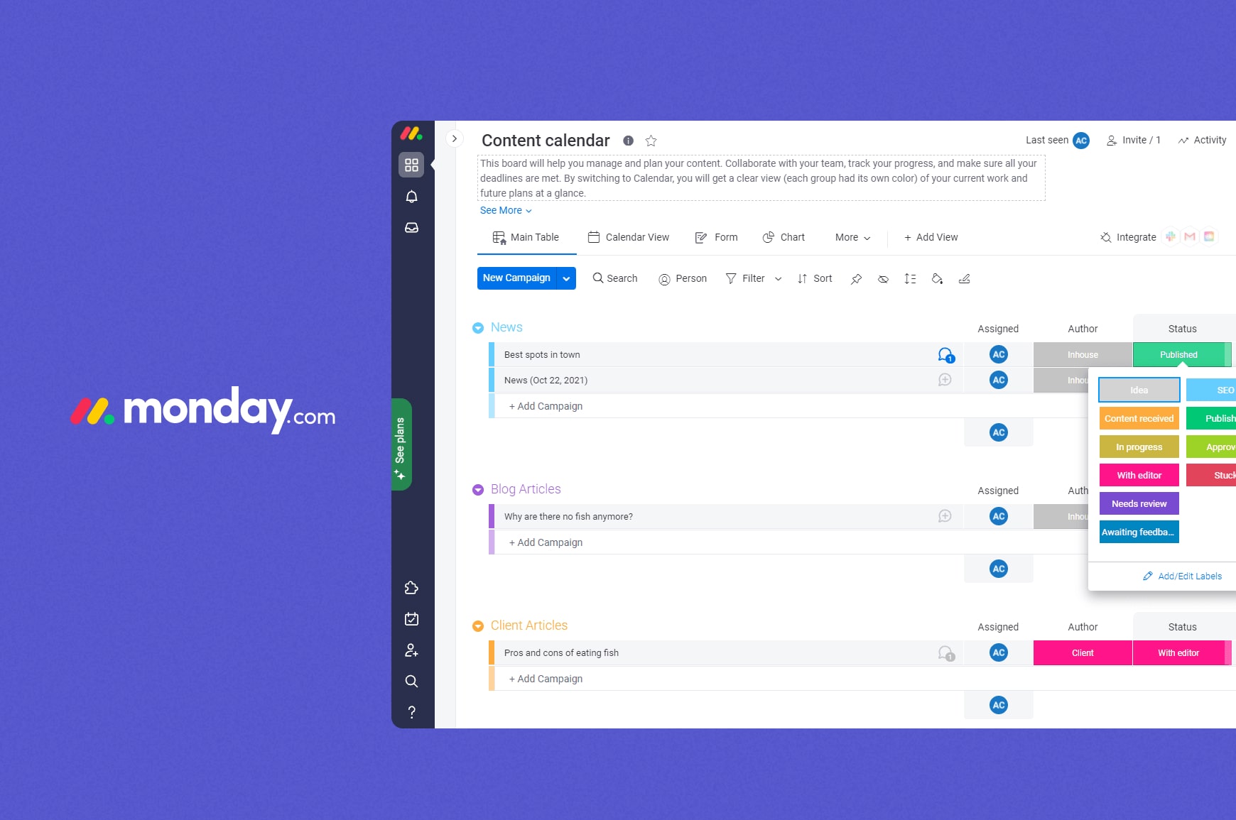 Monday.com project planning tool user interface