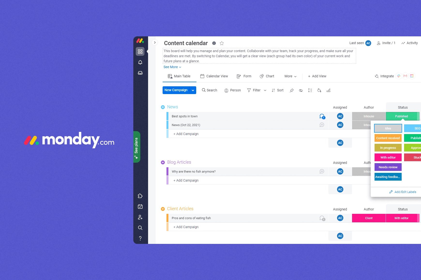 The Monday.com user interface, among the top GatherContent alternatives