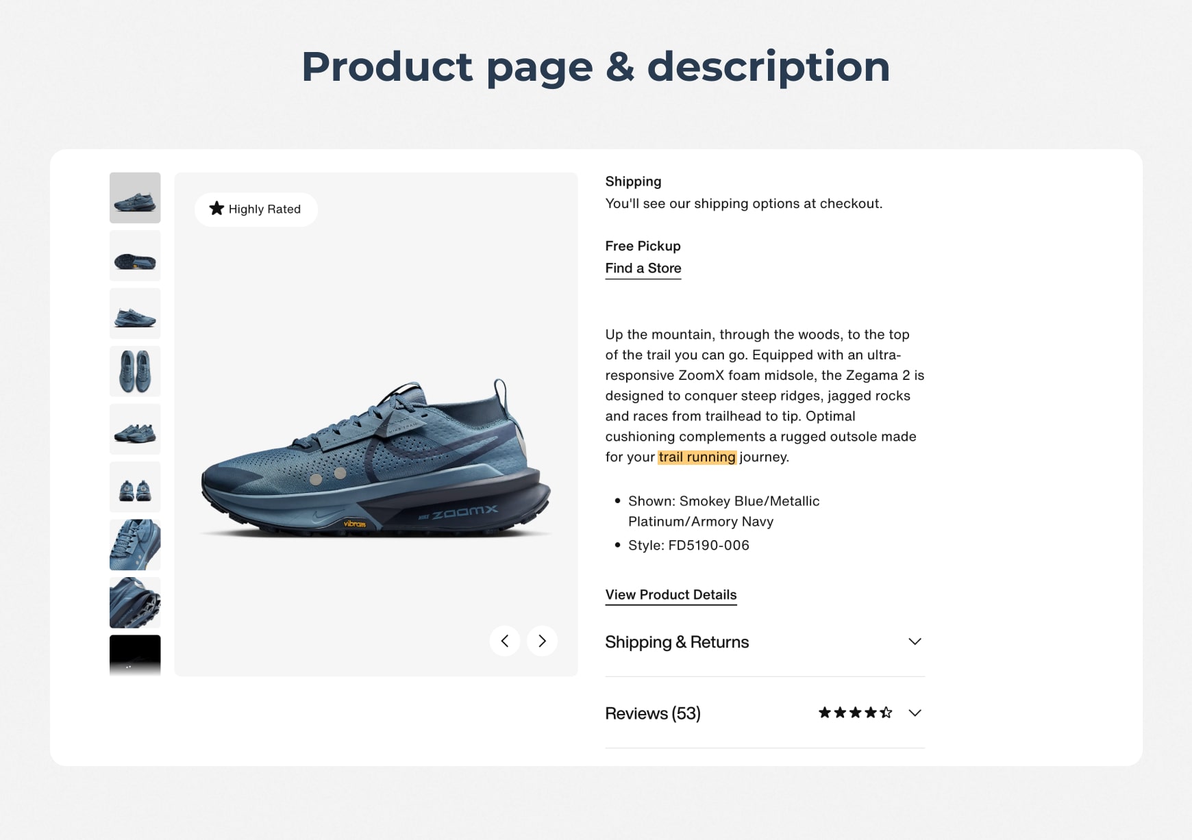 Nike product page for trail running shoes highlighting that the product description uses the search term “trail running”
