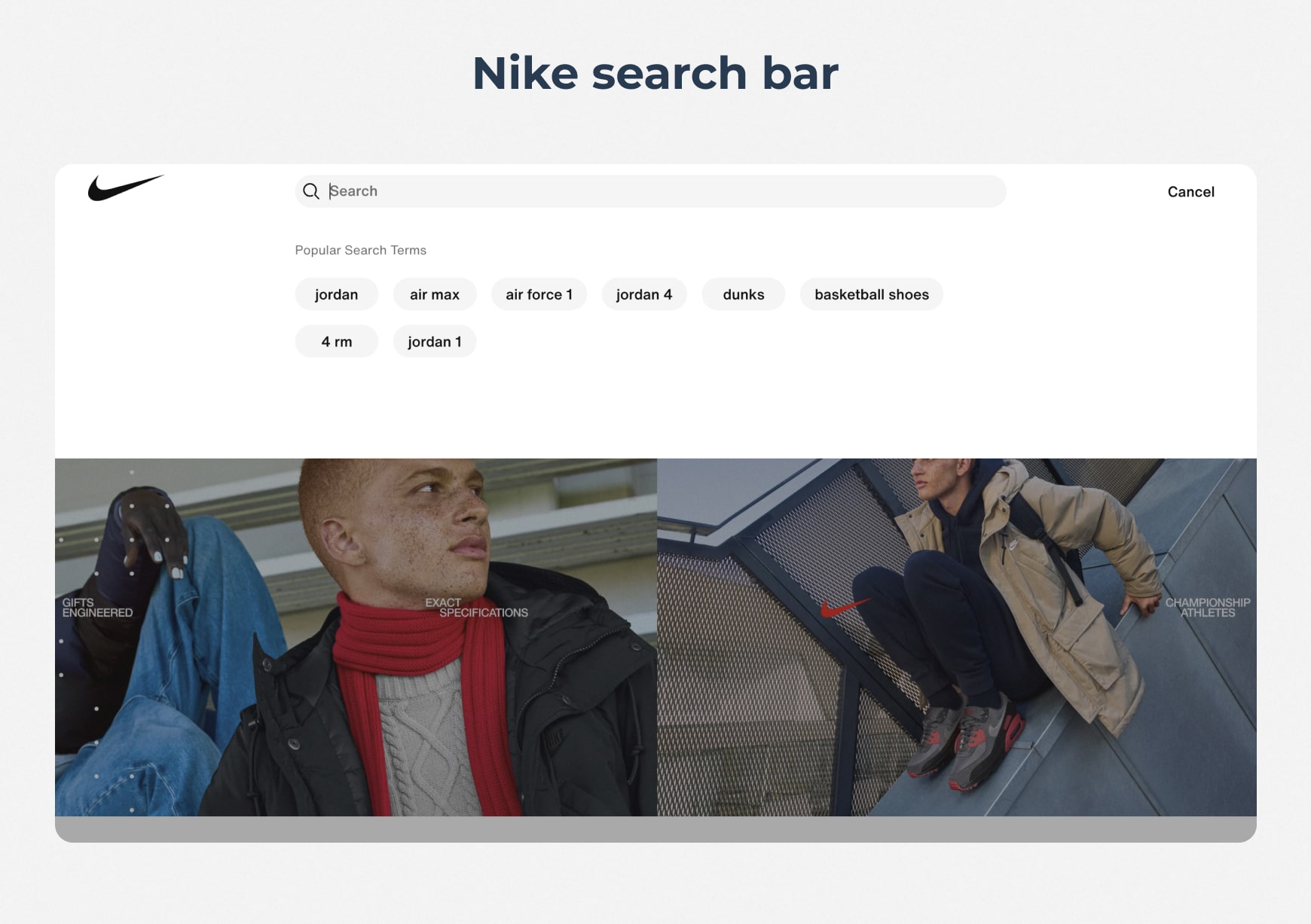 Nike search bar with suggestions to autocomplete with popular search terms