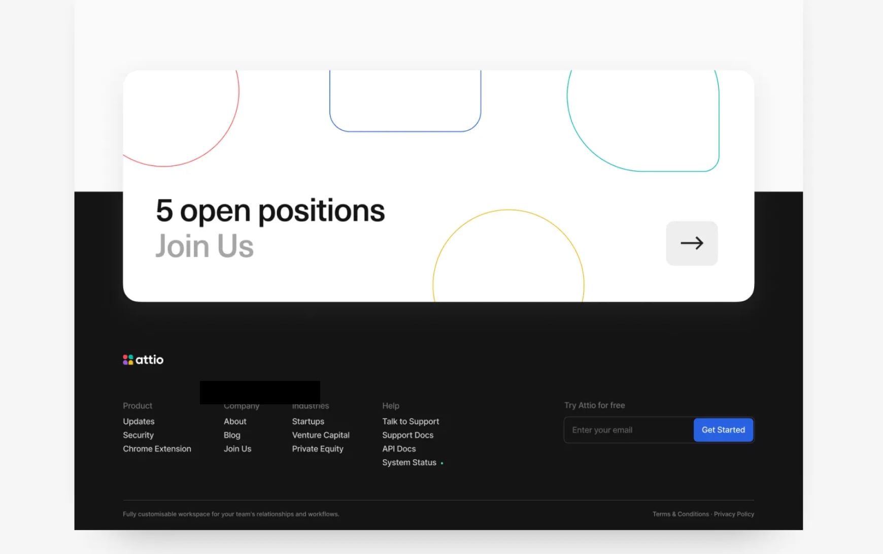 Section of a website with a prominent call to action: '5 open positions - Join Us,' accompanied by an arrow button, encouraging users to explore job opportunities.