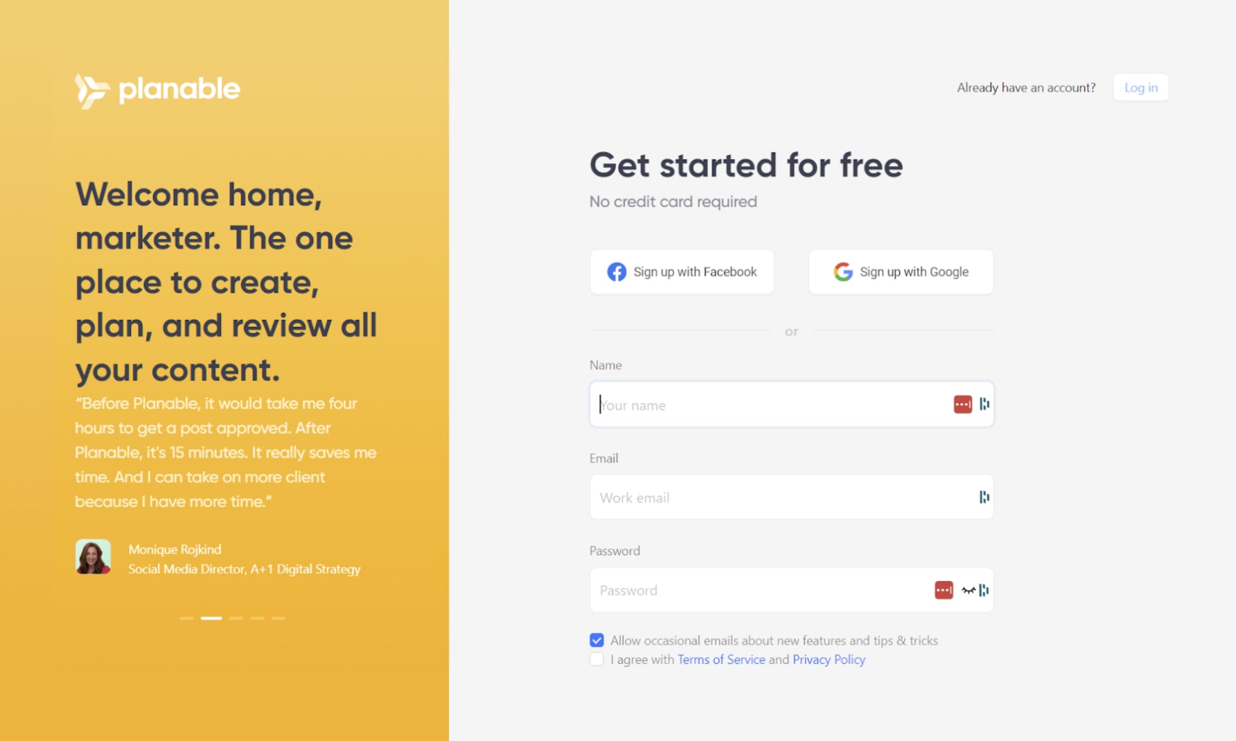 Registration page for Planable showing three ways to sign up; Facebook, Google and email