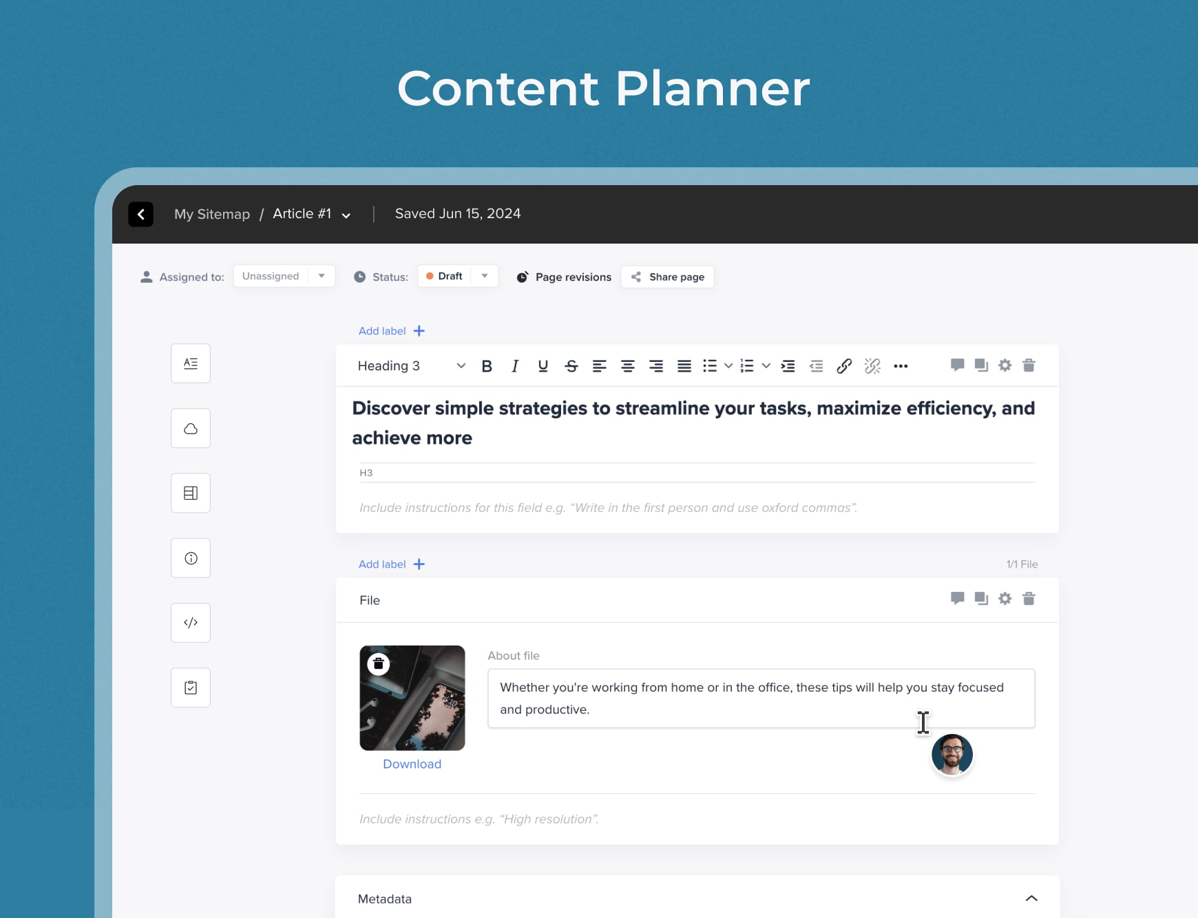 User interface of Slickplan’s Content Planner