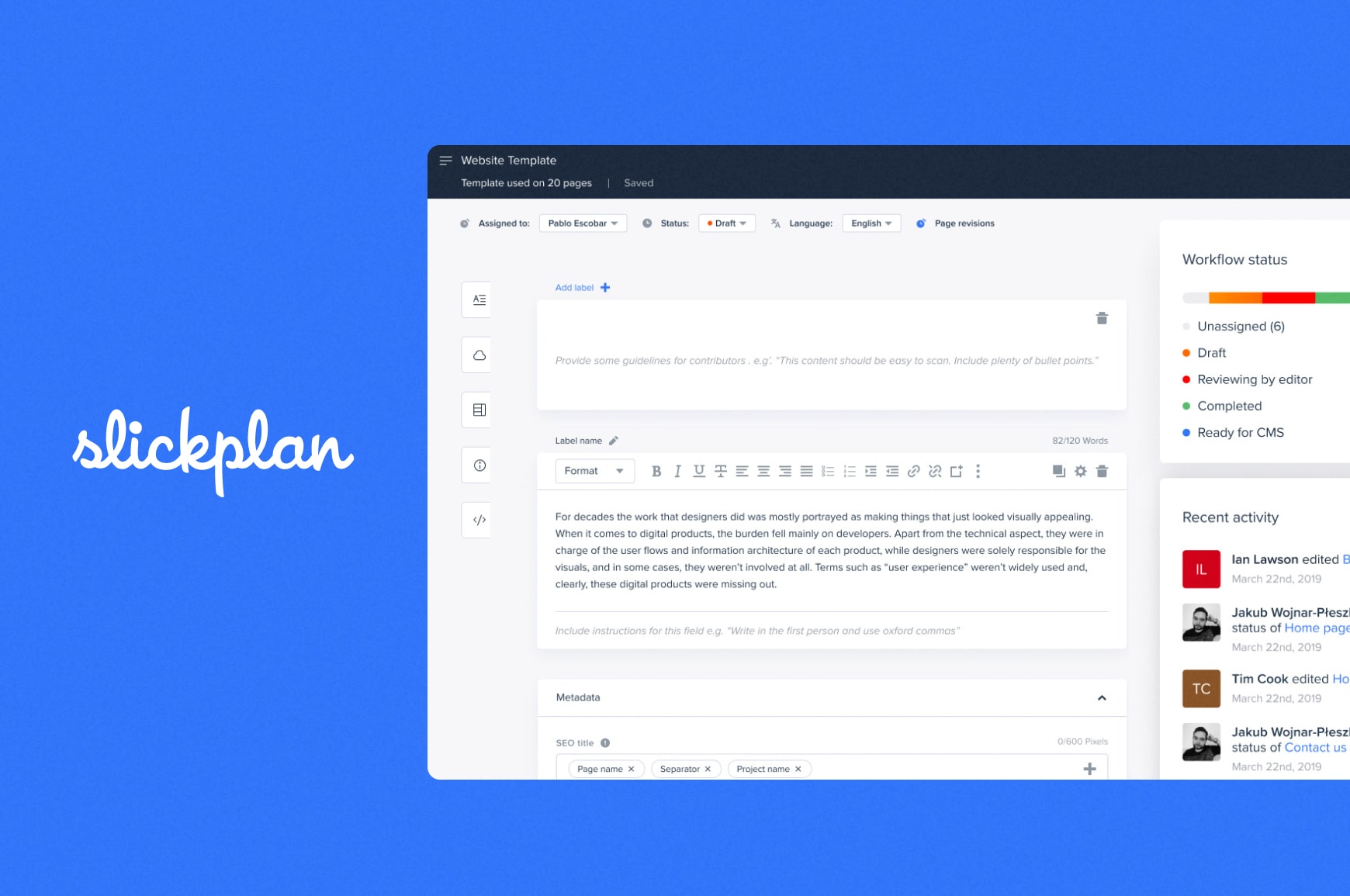 Slickplan Content Planner user interface