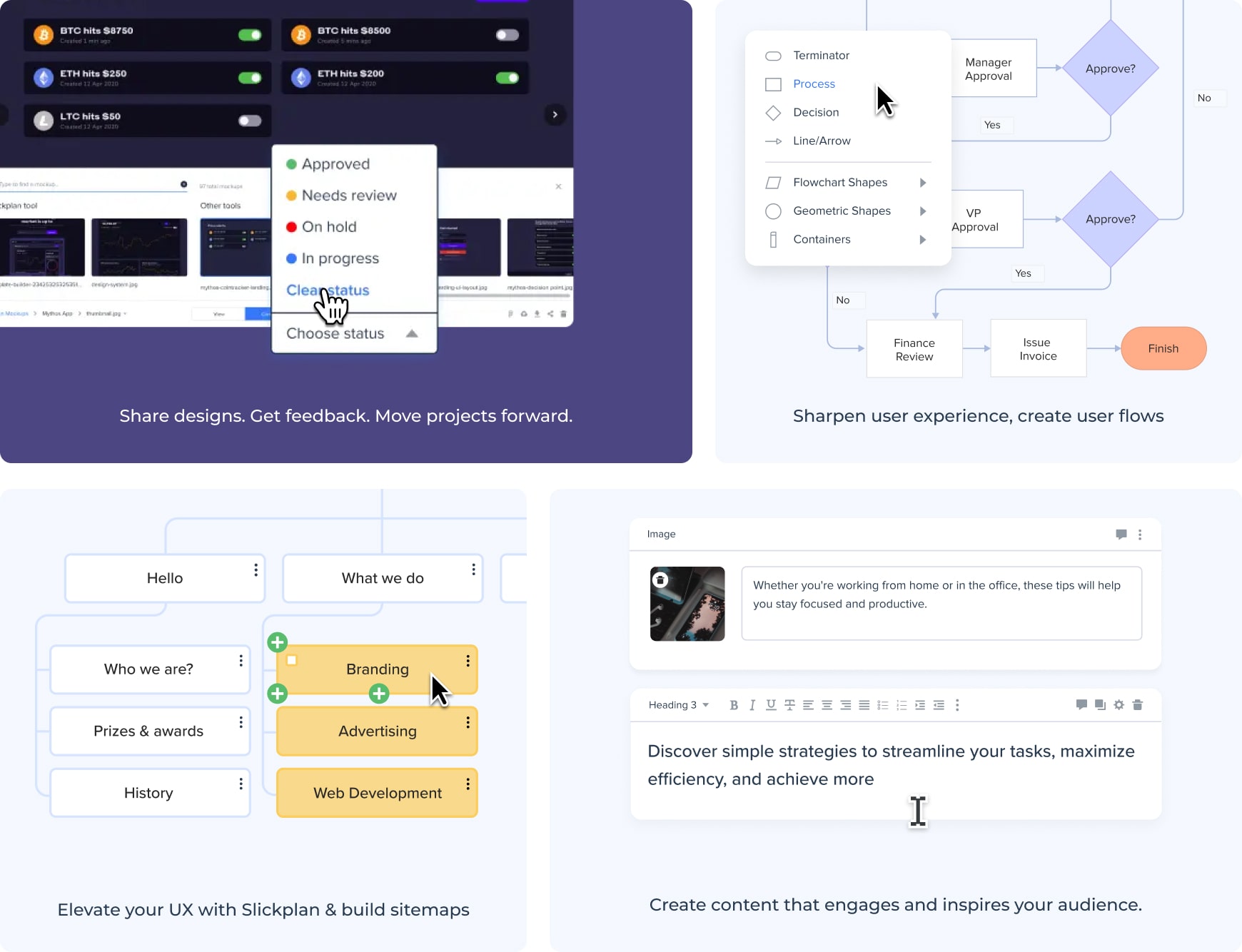 User interface for Slickplan’s Design Mockups, Diagram Maker, Sitemap Builder and Content Planner tools
