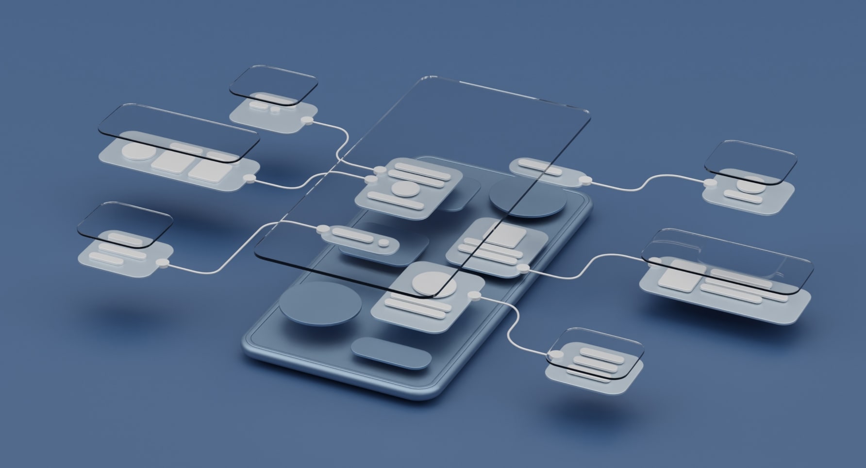 Illustration of a smartphone with multiple connected transparent layers representing different UI components and screens