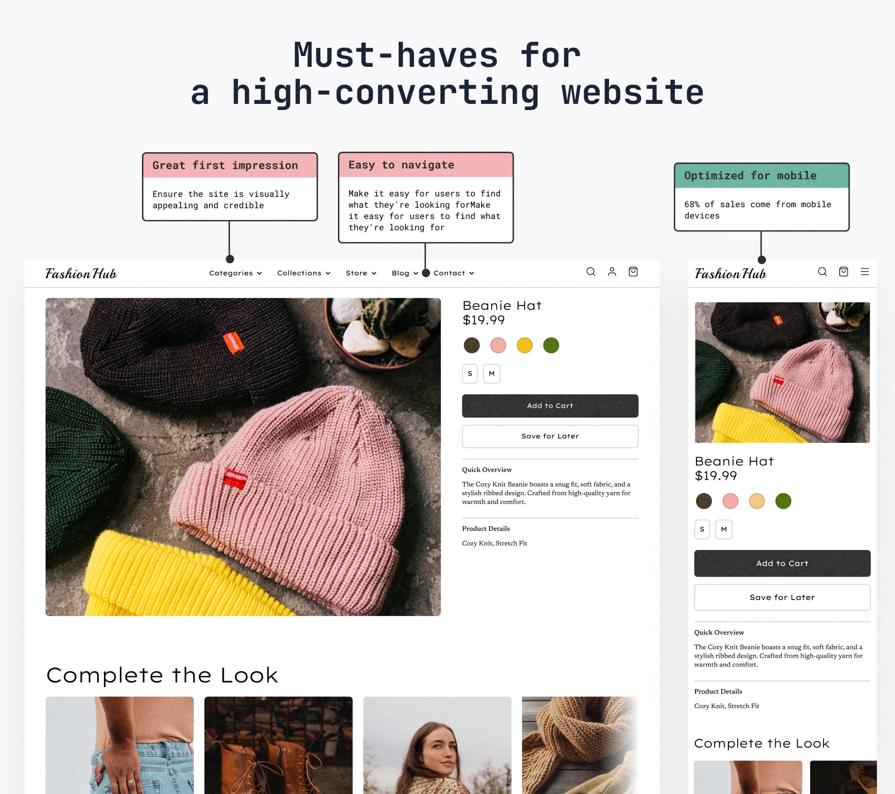 A website design guide focusing on first impressions, navigation ease and mobile optimization for better sales.