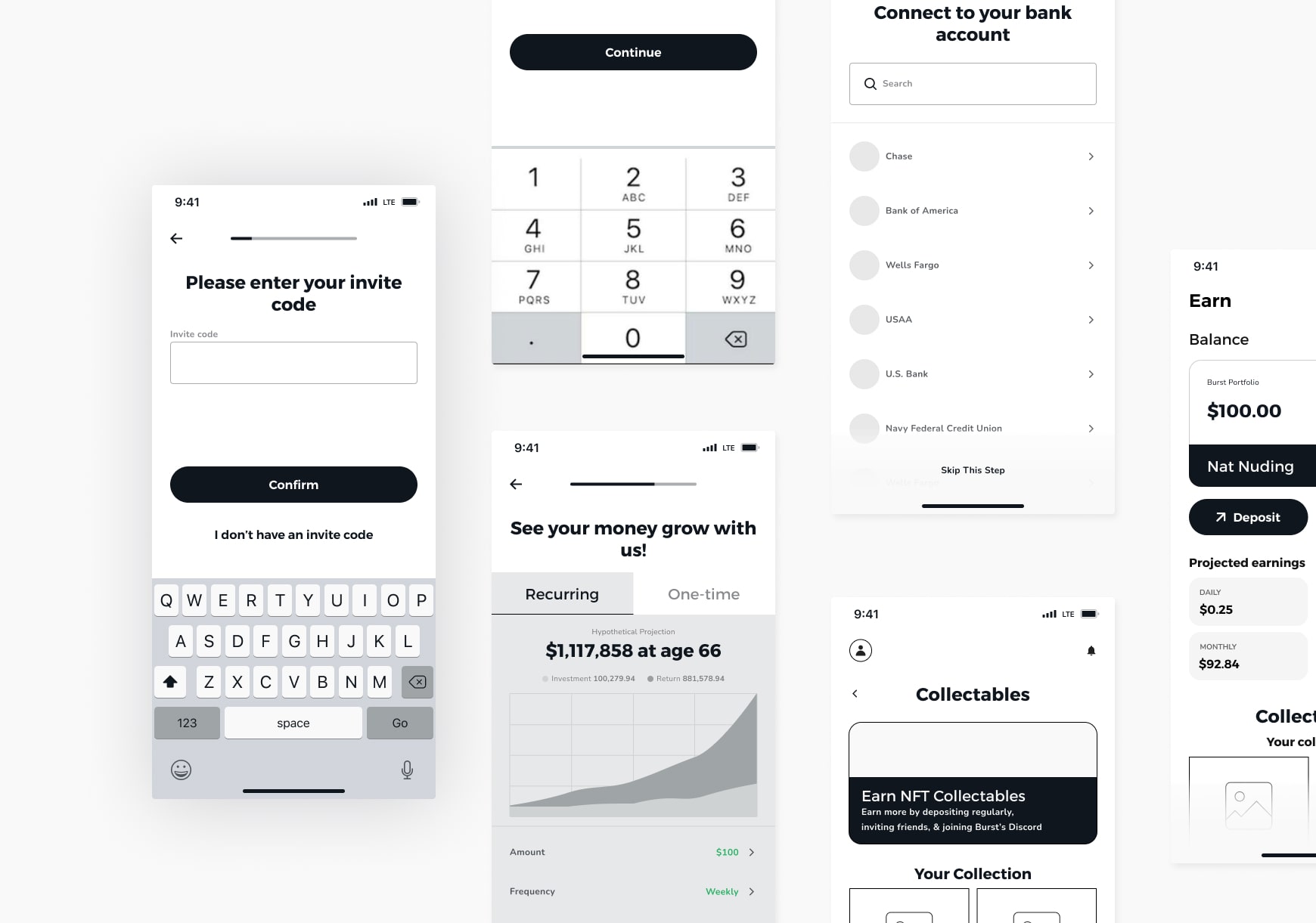 A wireflow example showing simple UI layouts with buttons, input fields, and page structures for each step in the user journey.