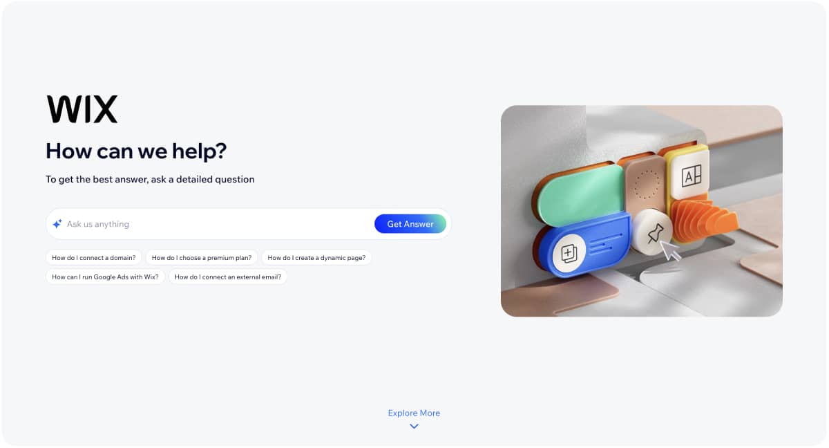 Wix customer support interface highlighting intuitive search, AI-powered assistance, and quick access to common support topics