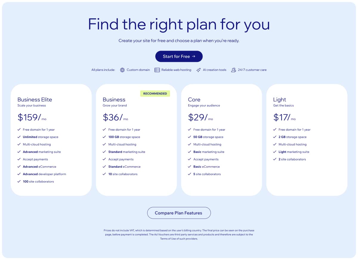  4 tiers of Wix pricing; Business Elite, Business, Core and Light