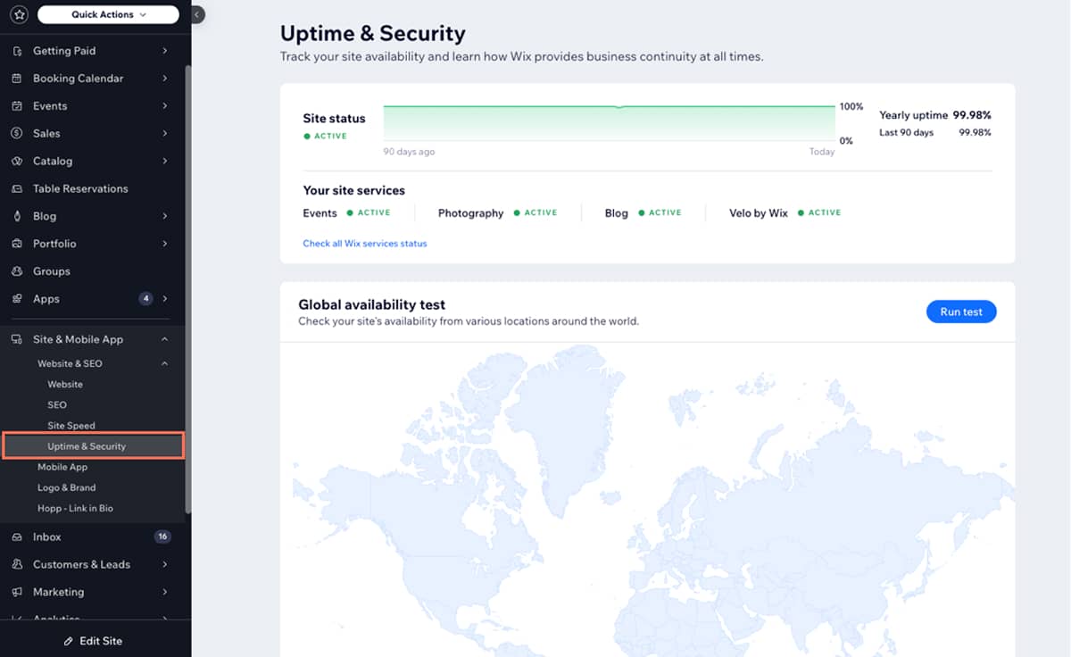 Wix’s Uptime & Security dashboard displaying real-time site status, uptime percentages, and global availability monitoring tools