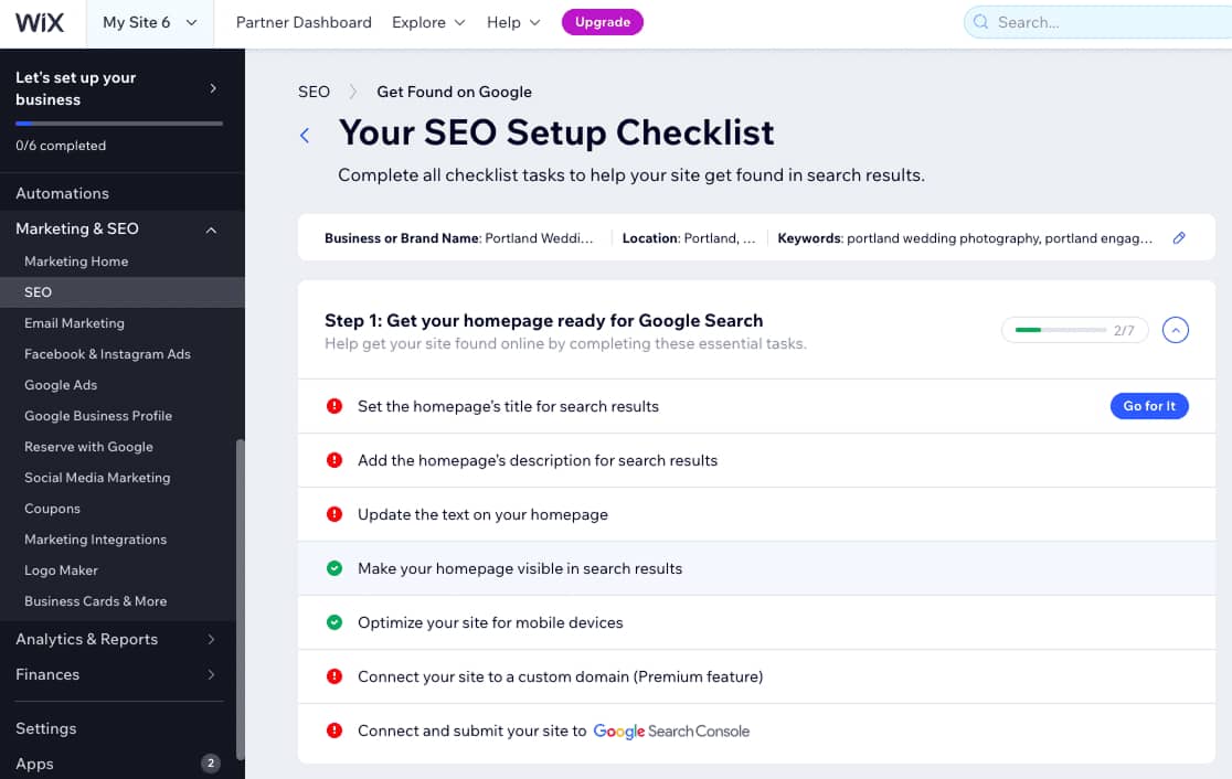 Wix SEO Setup Checklist providing actionable tasks to optimize a site for search engines