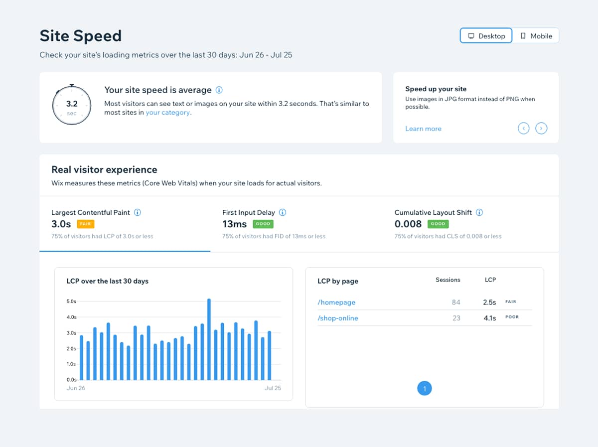 Site Speed dashboard, a Wix tool that shows your current speed and offers tips to improve