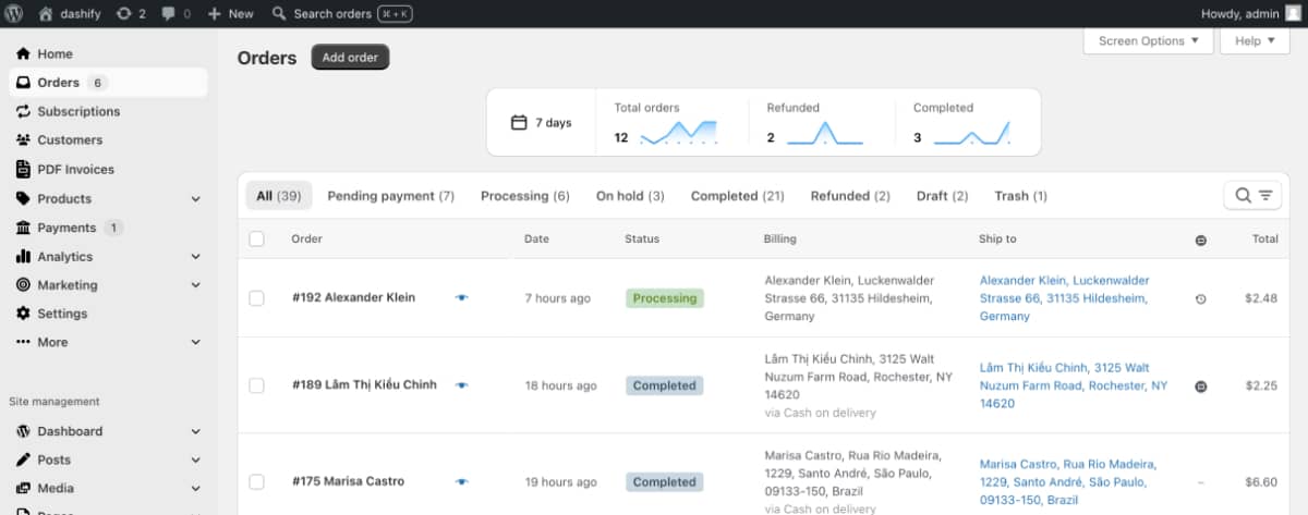 WooCommerce order management interface showing order statuses, customer details, and sales analytics