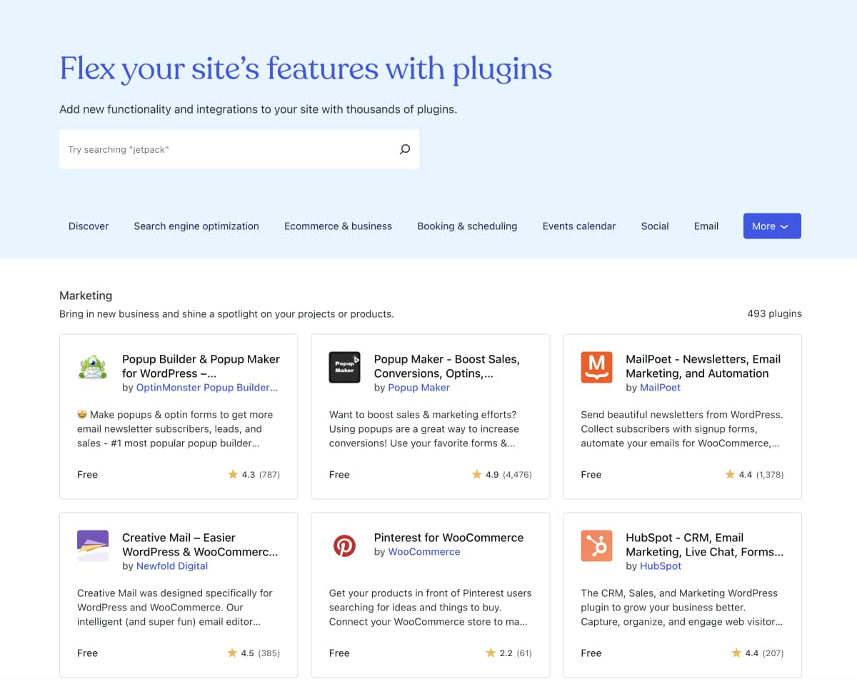 WordPress.com marketing plugins directory showcasing top tools like OptinMonster, HubSpot, MailPoet, Popup Maker, Pinterest for WooCommerce, and Creative Mail for integrating and enhancing your site’s marketing capabilities