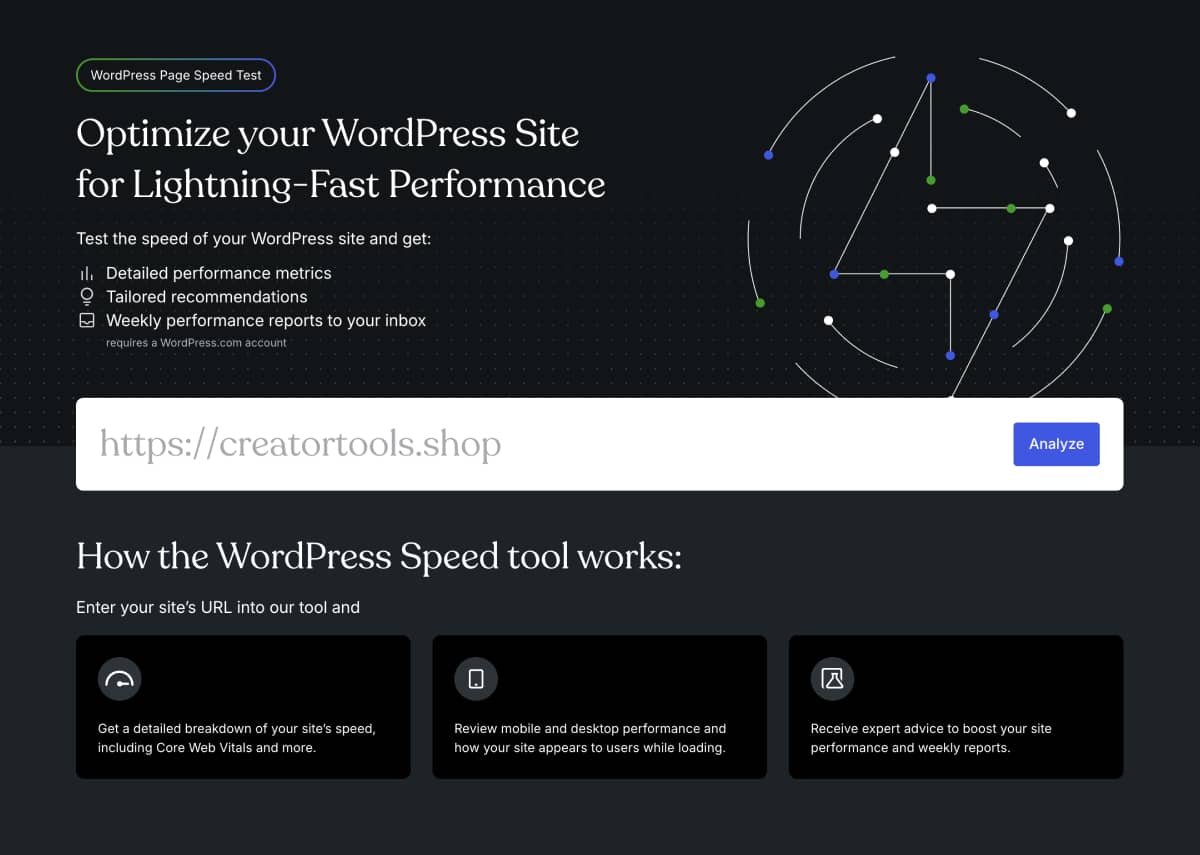 Screenshot of the WordPress.com Page Speed Test tool showing detailed performance metrics, tailored recommendations, and weekly optimization reports