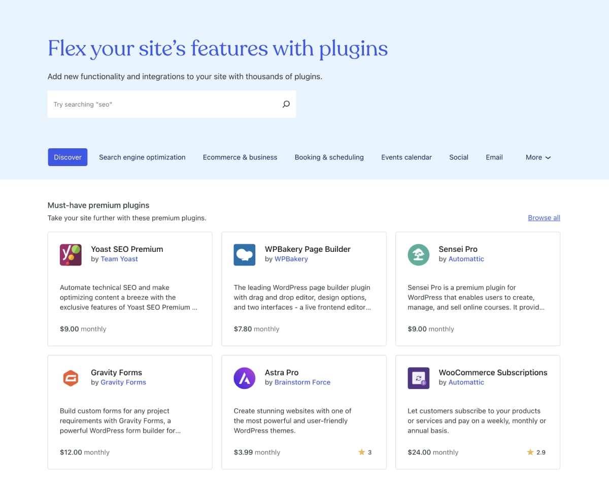 Official WordPress.com plugins library page, featuring a wide range of plugins to extend website functionality