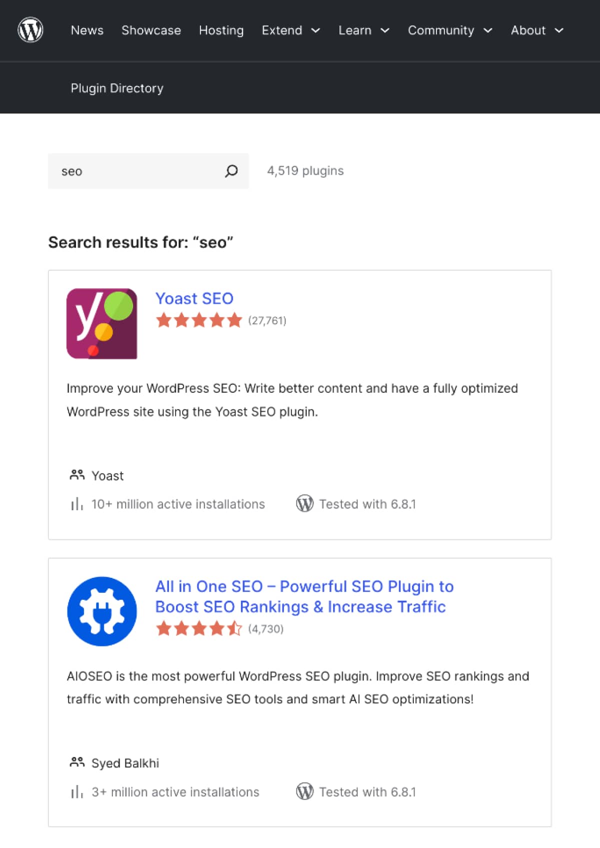 A batch of the most popular SEO plugins for WordPress.org, including Yoast SEO, Rank Math SEO, All in One SEO and more