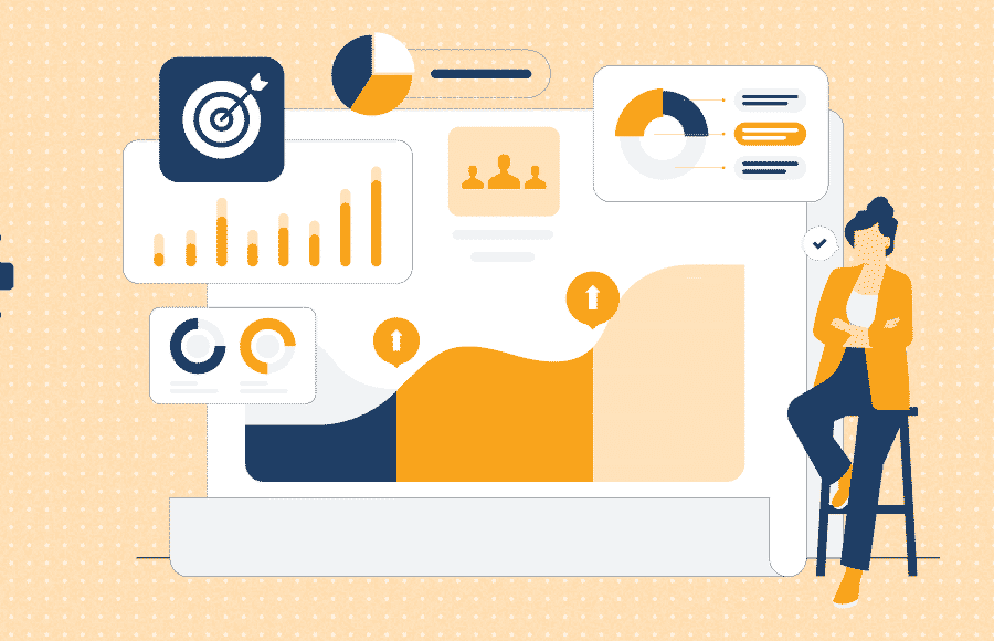 Charts and icons showing SEO growth