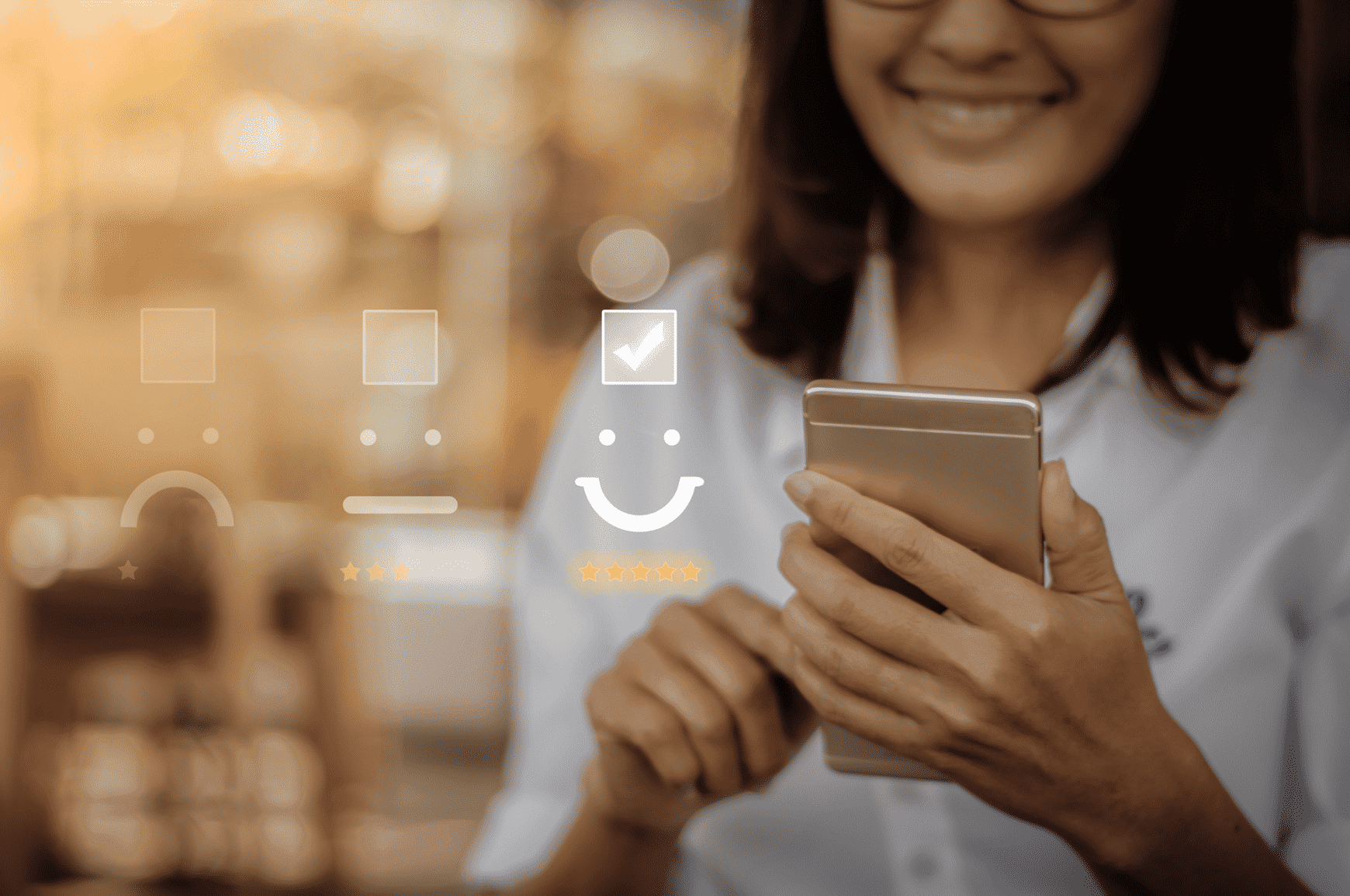 Woman on phone rating her user experience as positive