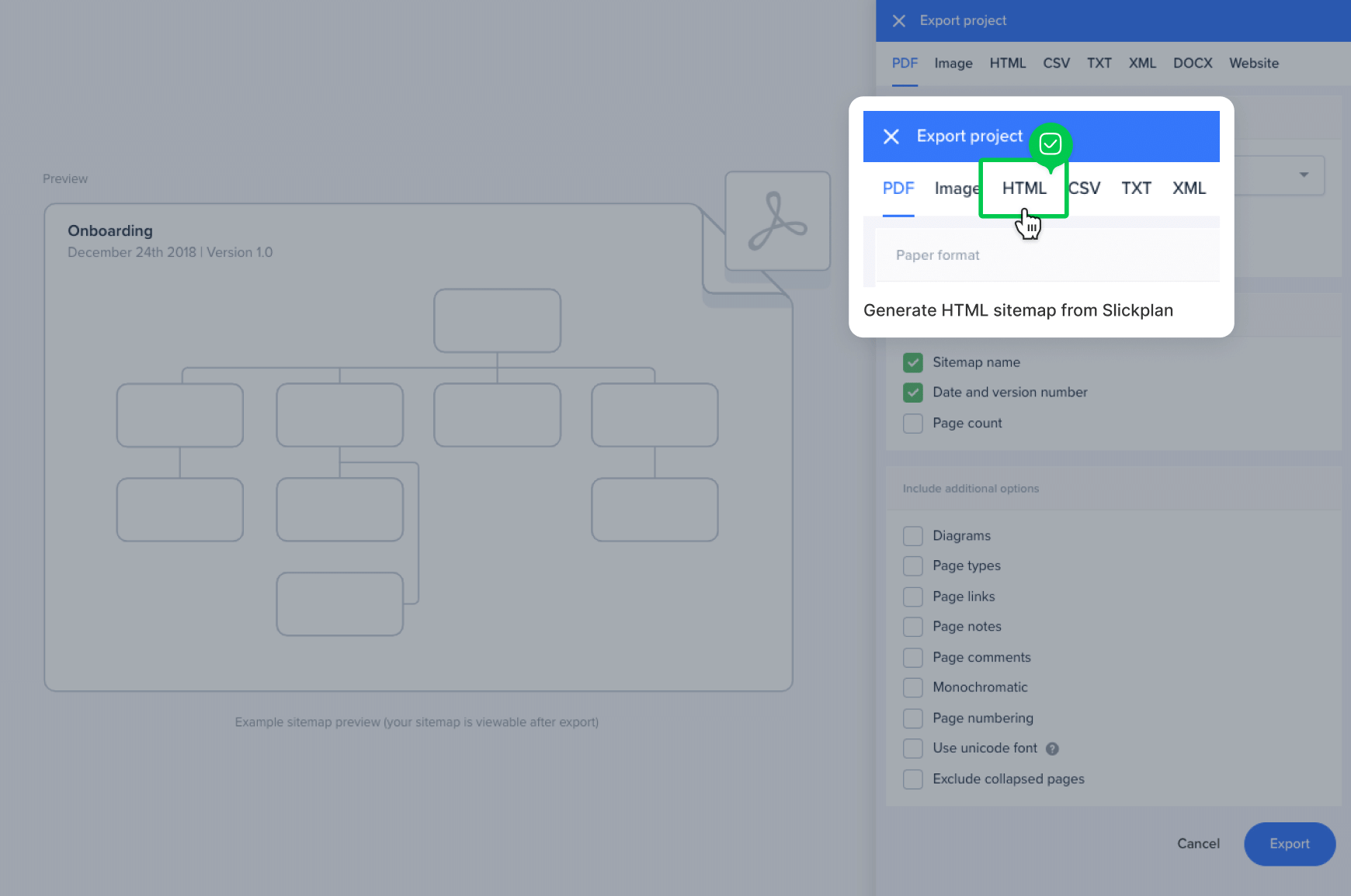 HTML sitemap exporting interface of Slickplan
