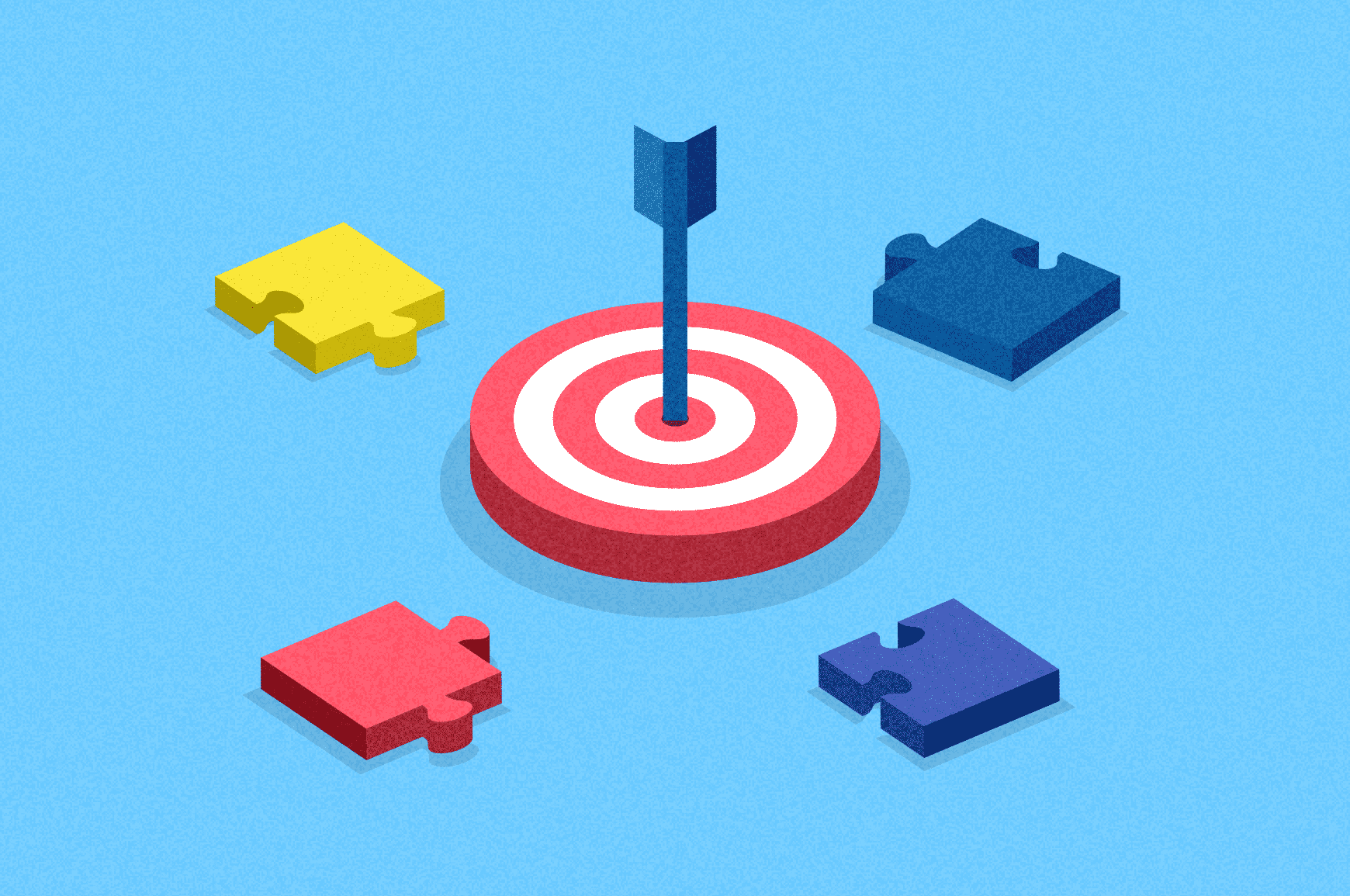 Arrow hitting the target bullseye with puzzle pieces around it