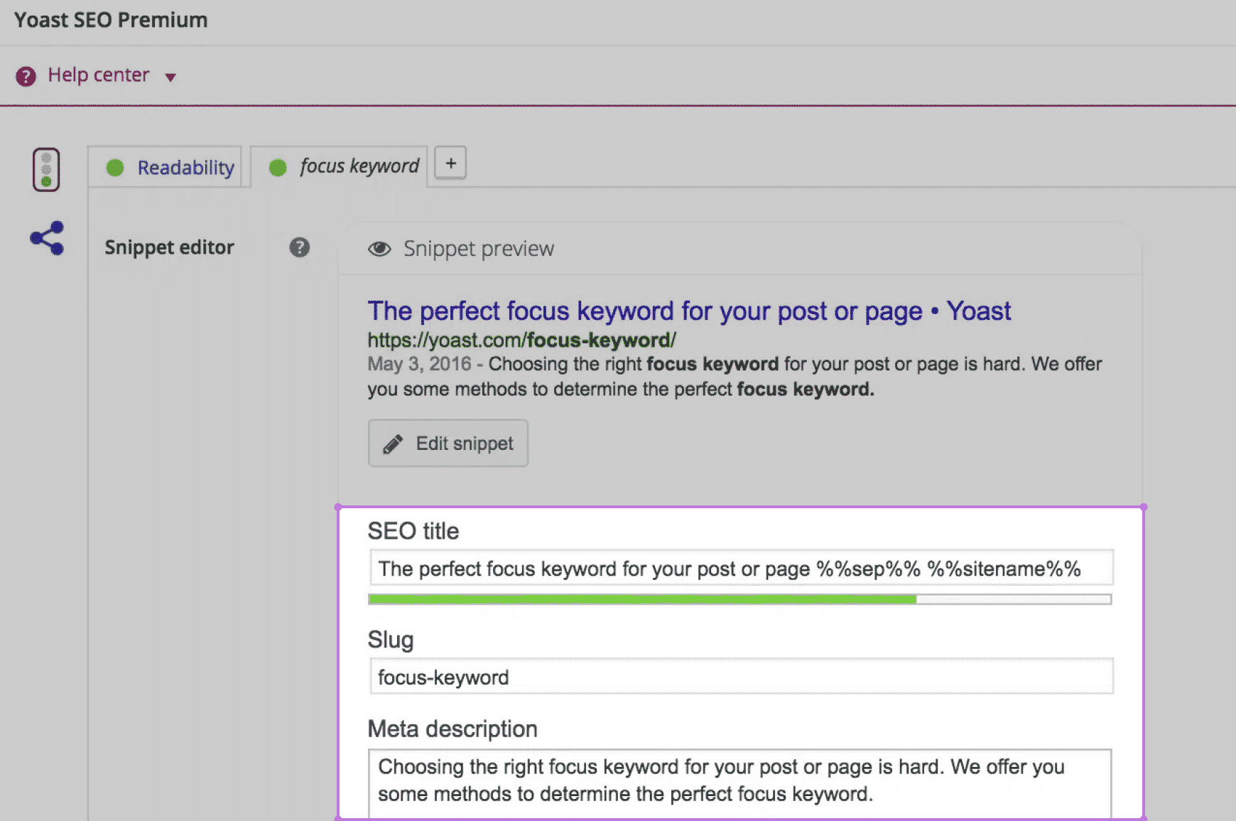 Yoast SEO title and meta description interface