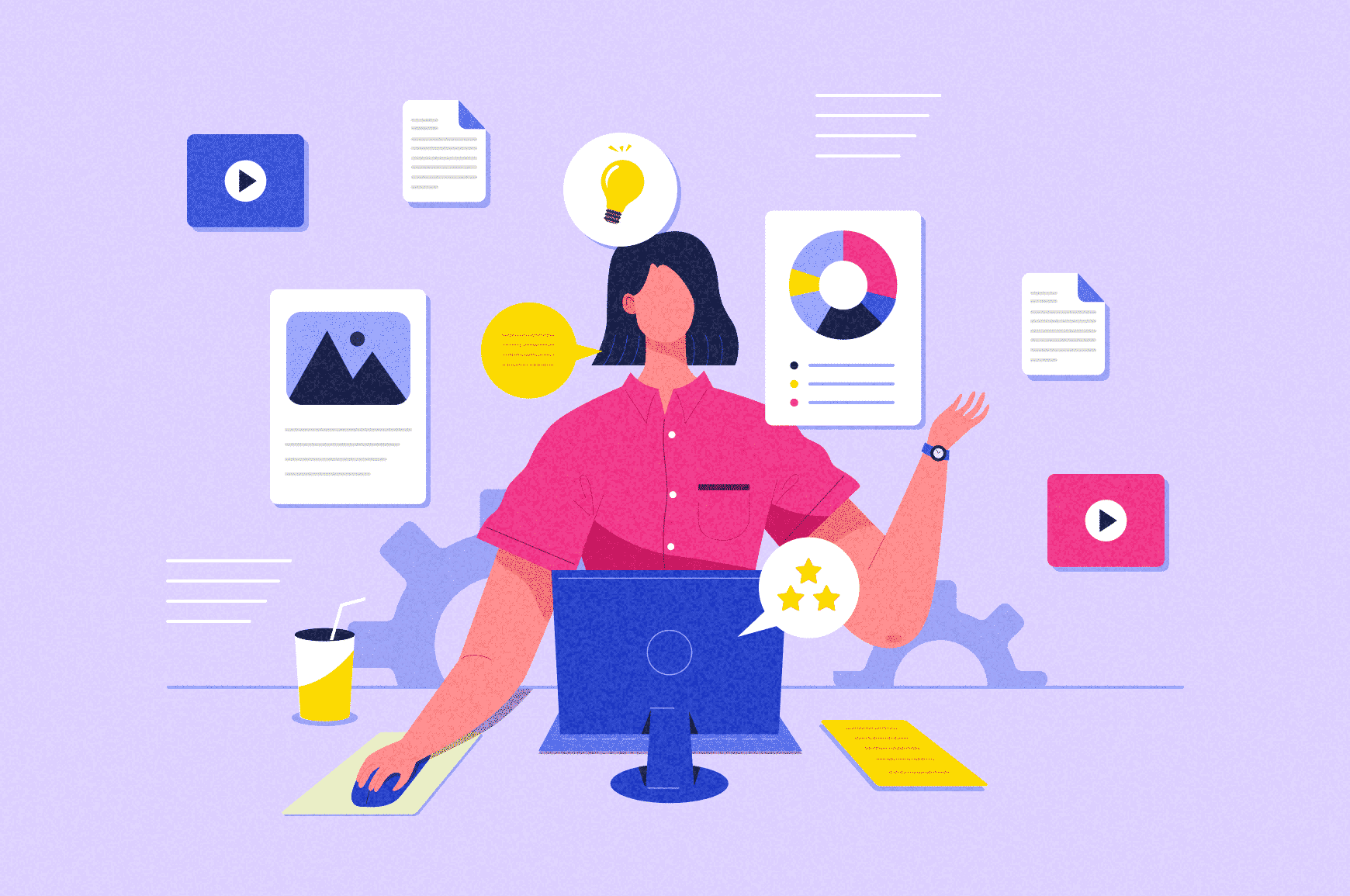 Woman at a computer with various types of content floating around her