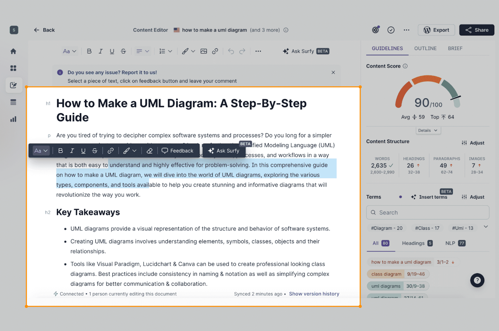 Updating an old blog post inside of Surfer SEO