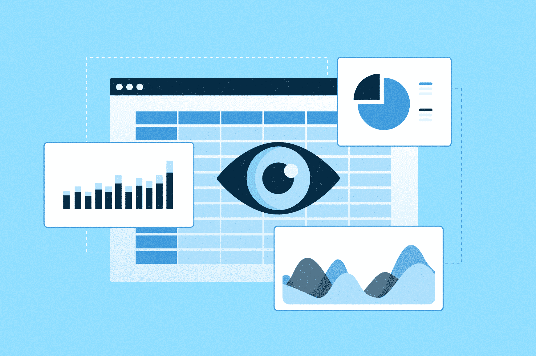 Various charts and metrics with an eye at the center of them